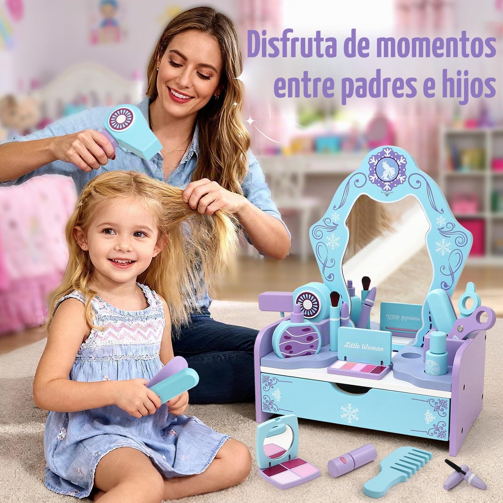 Atoylink Frozen Tocador Infantil Niña de Madera, 12 Piezas Estuche Maquillaje Niña con Set Maquillaje Niñas & Set Peluqueria Juguete, Frozen Juguete Madera Cumpleaños Regalo para Niñas 3 4 5 6 7 Años