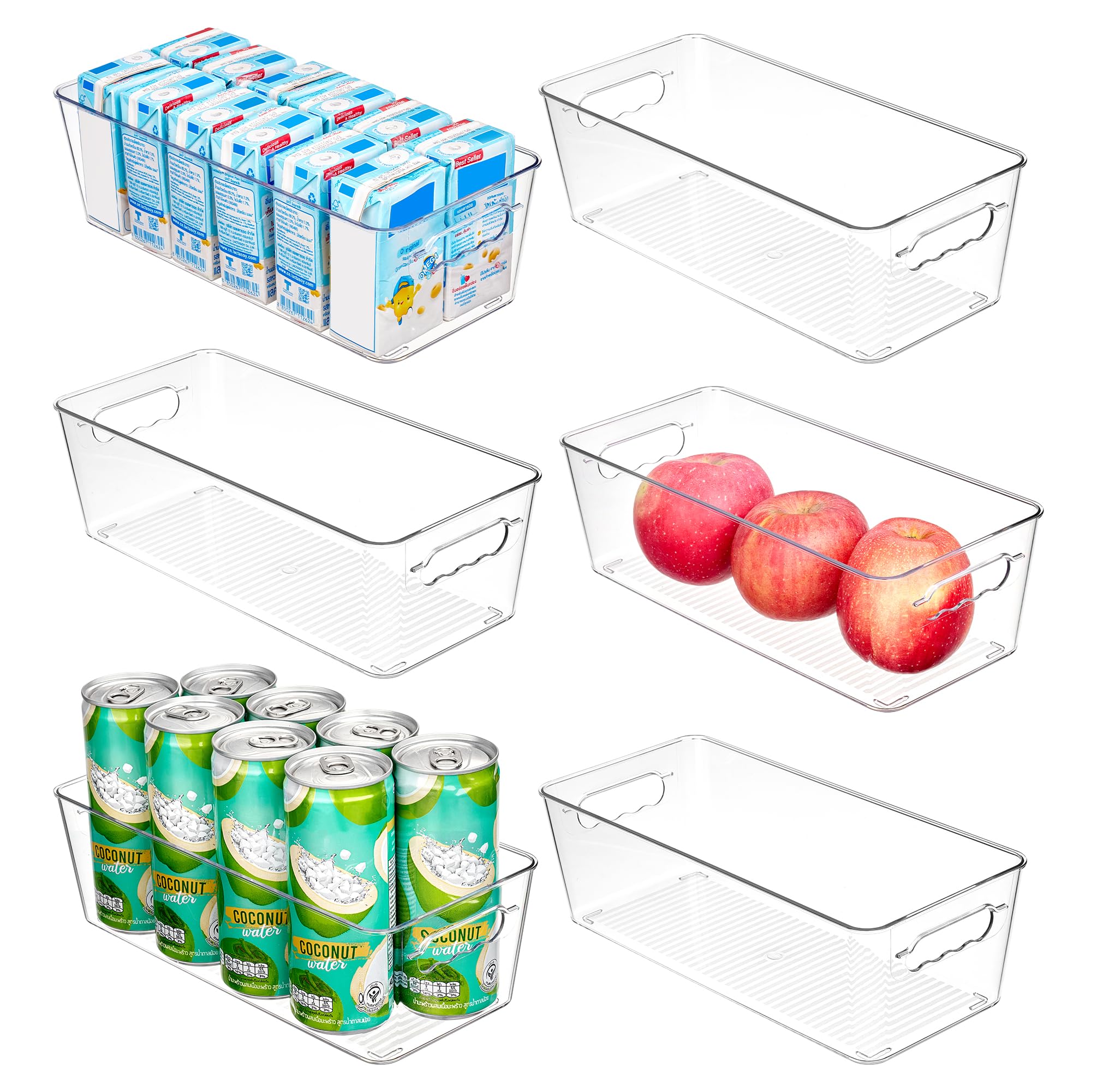 Vtopmart 6 Pack Narrow Clear Plastic Storage Boxes, Kitchen Pantry Cupboard Organizers, Bathroom Storage Box, Fridge Organizers with Handle