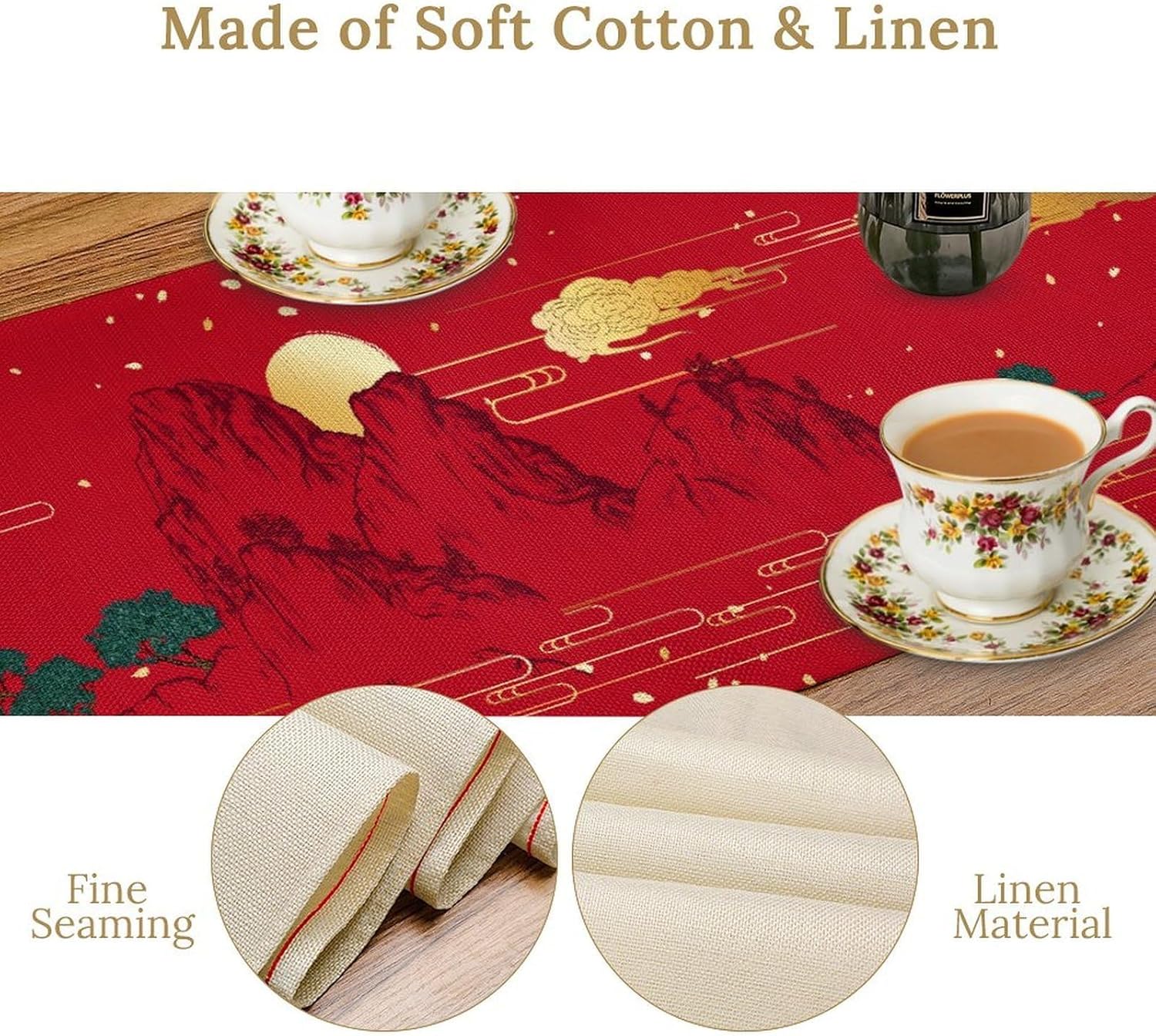 Chinese Landscape Table Runner,Japanese Crane Pine Clouds Mountains, Traditional Red Gold Asian Style Cotton Linen Tabletop Decor for Dining Room Wedding Festival – 13x108 Inch