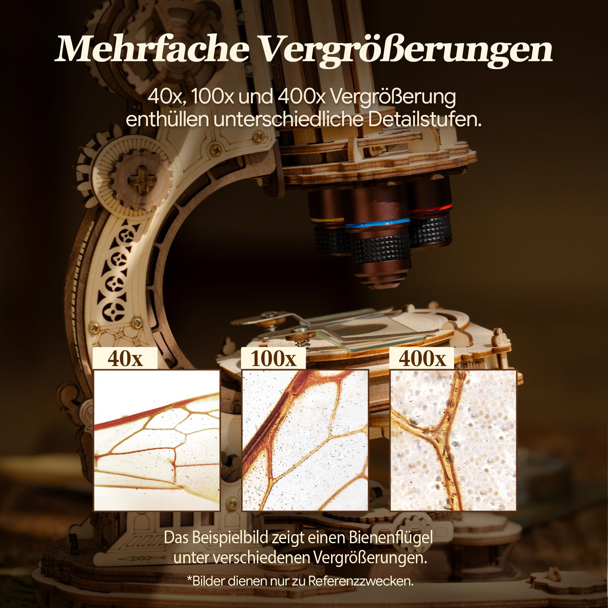 ROKR 400x Funktionsfähiges Mikroskop 3D HolzPuzzle Bausatz，ST005 | STEM Wissenschaftsspielzeug, Geschenk für Erwachsene und Jugendliche