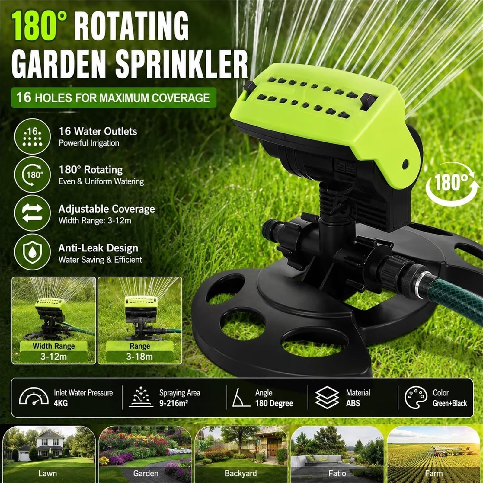 Irrigatore Da Giardino Con Copertura Regolabile for Prato, Rotante A 16 Fori A 180°, Patio per il giardino