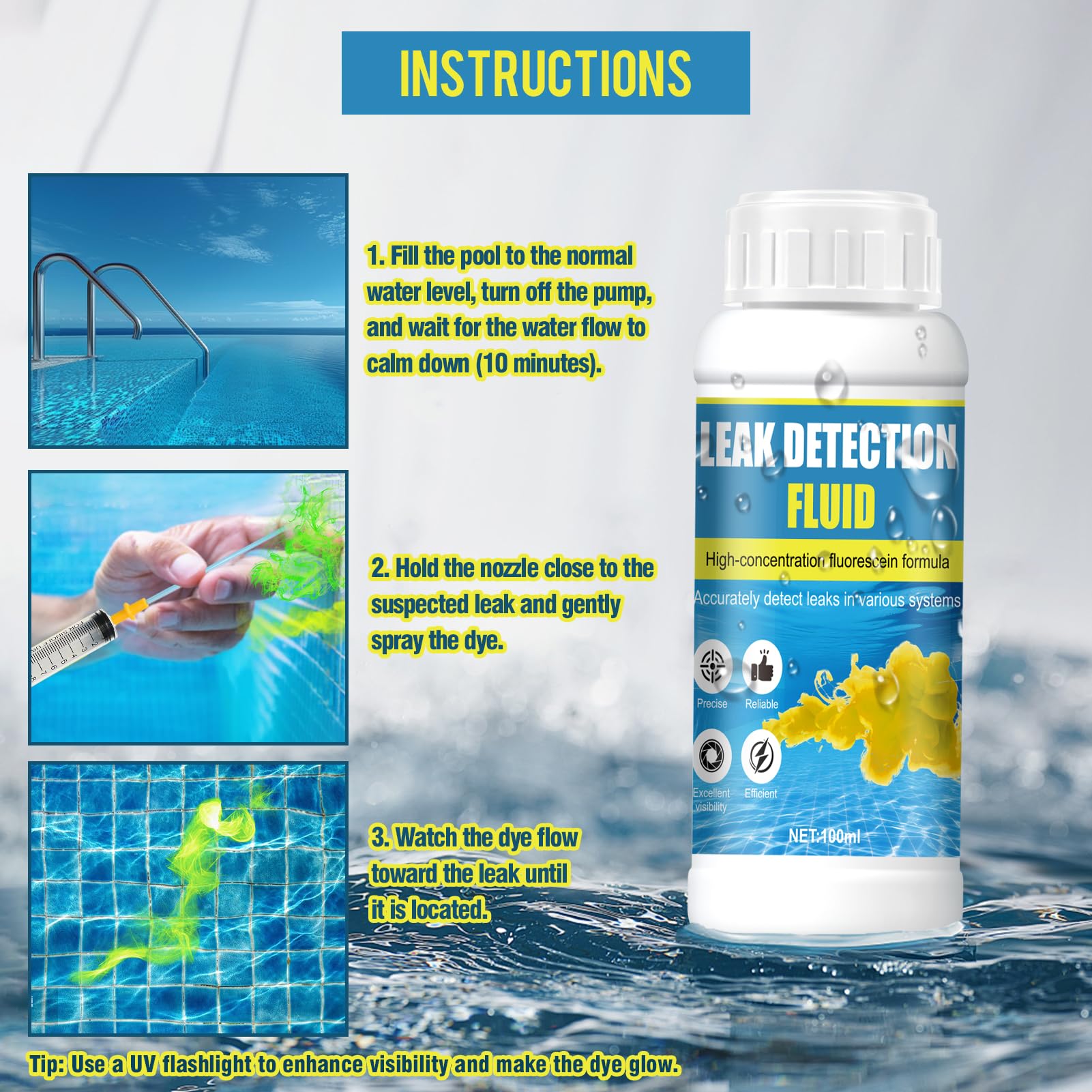 Colorant Fuite Piscine, Détecteur Fuite Piscine, Fluorescéine Forte, Solubilité dans l'Eau