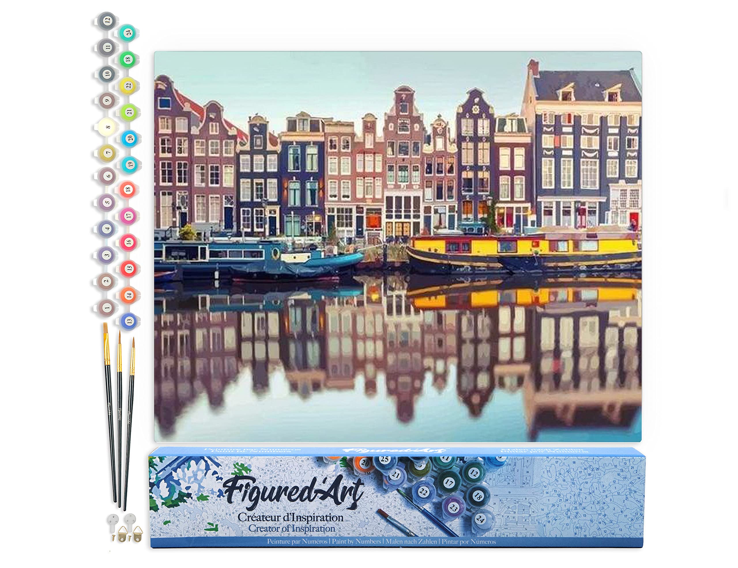 Figured'Art Paint by Numbers for Adults Amsterdam Canal 40x50cm - Craft Art Painting DIY Kit Rolled Canvas Without Frame