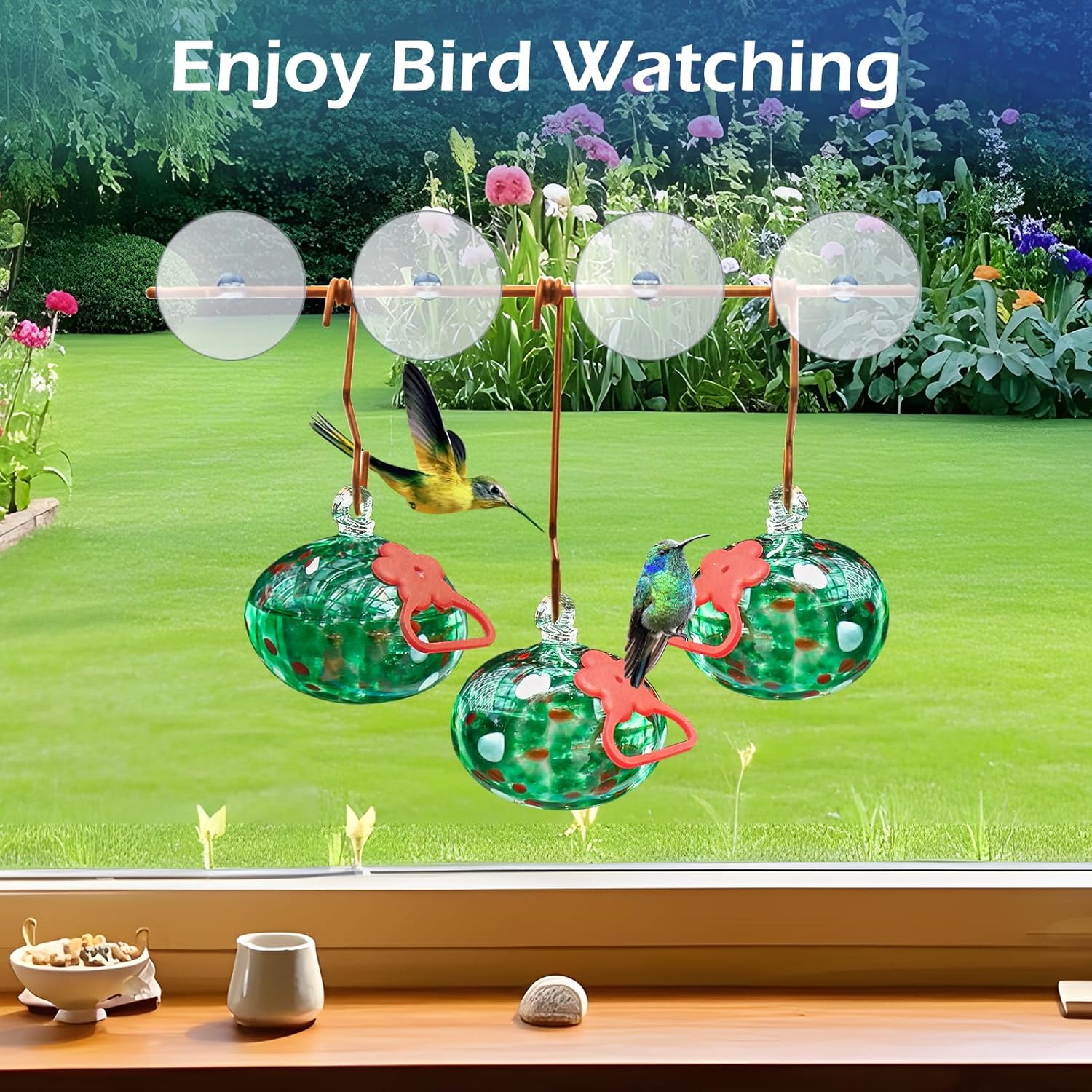 Window Hummingbird Feeder with Suction Cups,Hand-Blown Glass Hummingbird Feeders for Outdoors Window Mounted with Metal Hook,Close Bird Watching,Finch in Garden,Yard(Green) - Image 2