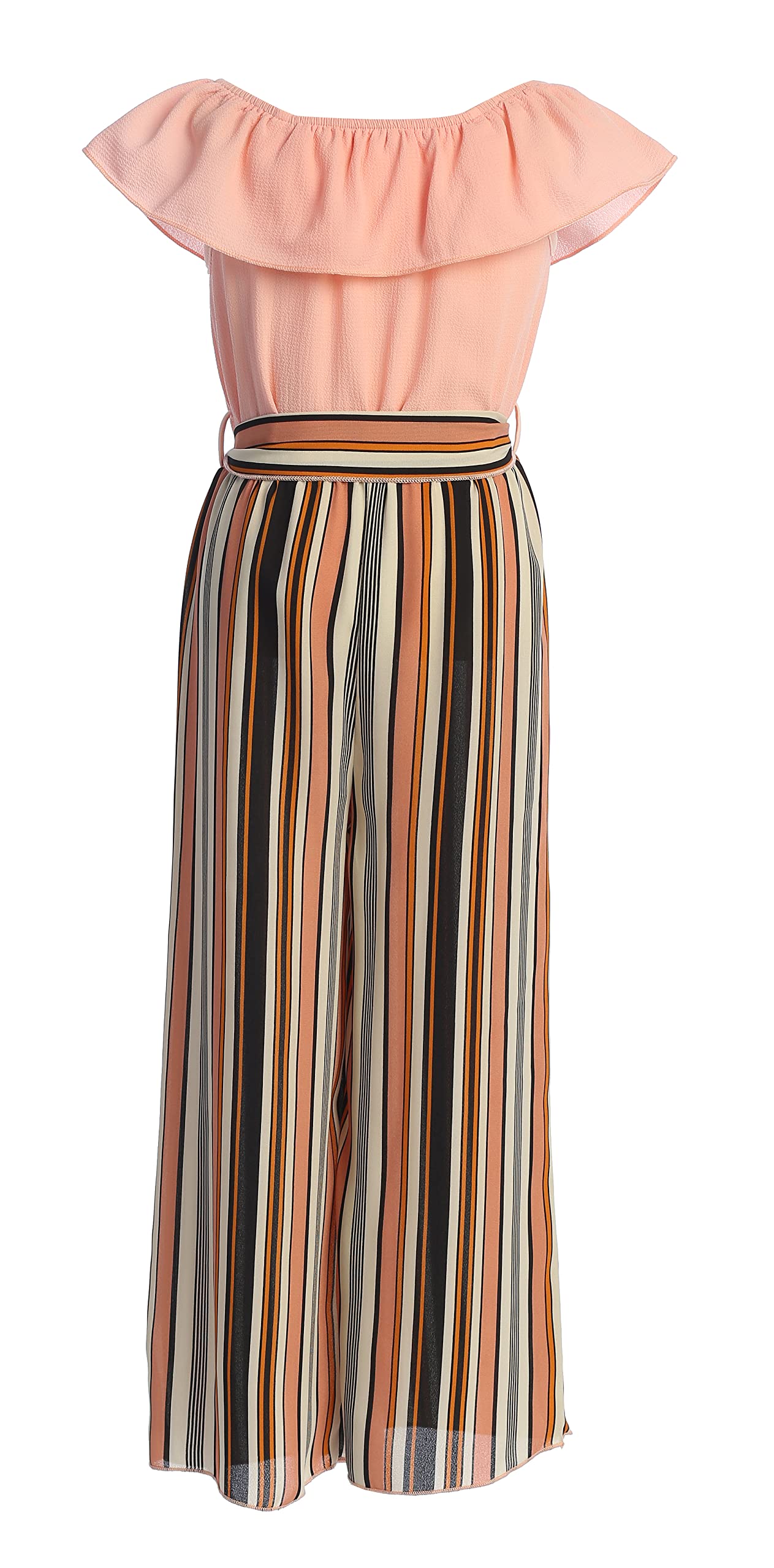 Pink White Stripe Big Girls Wide Leg Bell Sleeves Solid Knit Top Elegant High Waist Rompers Palazzo Pants Trousers Jumpsuits USA Size 10