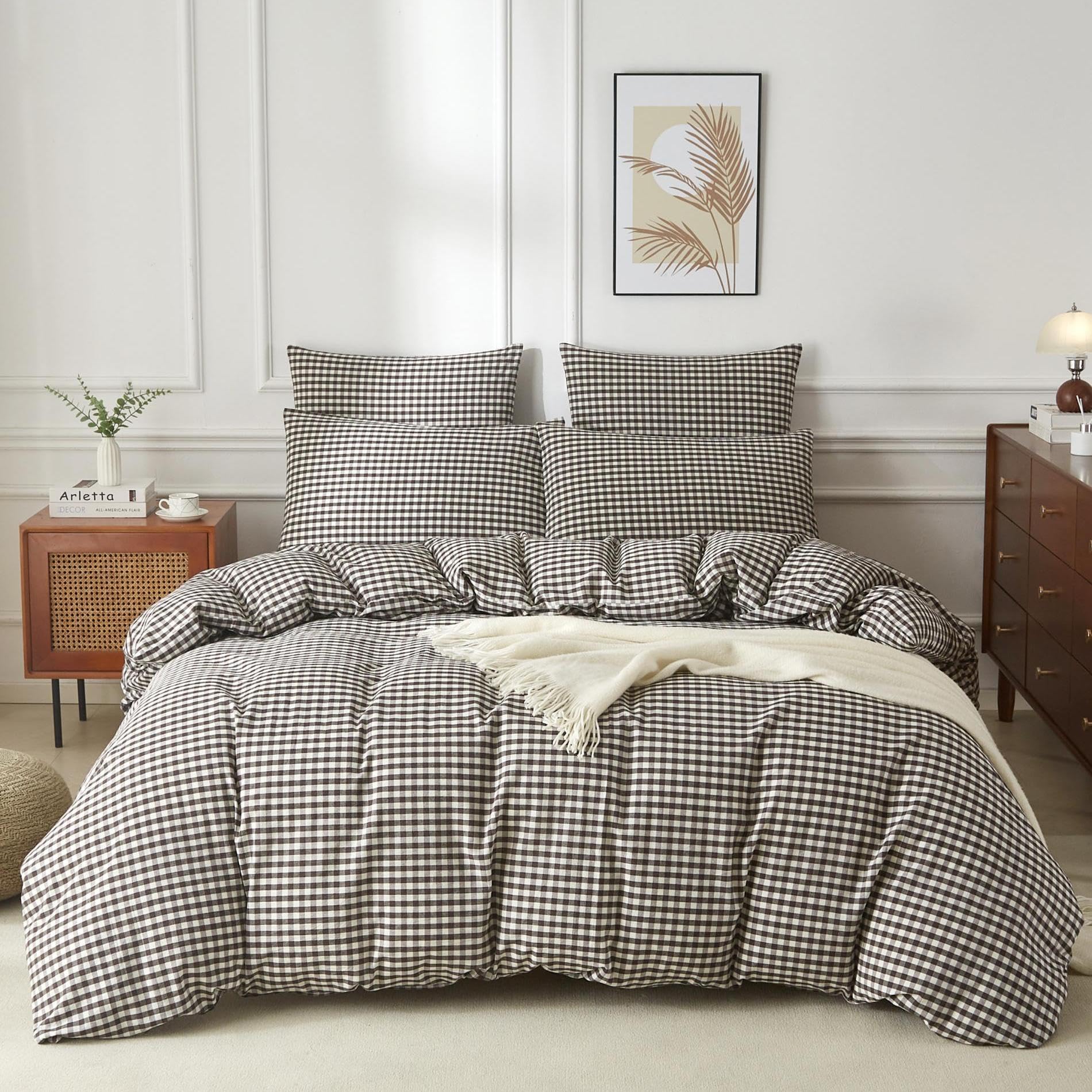 Copripiumino 220 x 240 cm, in cotone lavato, grigio, bianco, a quadretti, 220 x 240 cm, per adulti, in cotone, morbido, traspirante, biancheria da letto matrimoniale, con cerniera e 2 federe