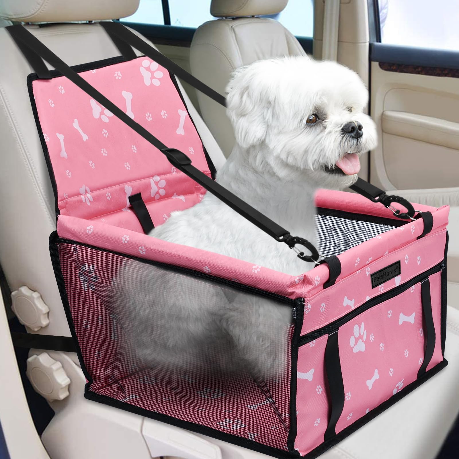 PetsHome Dog Car Seat Foldable Dog Car Booster Seat Waterproof Breathable Oxford Travel Bag for Small to Medium Dogs, Puppies, and Pets-Pattern Pink