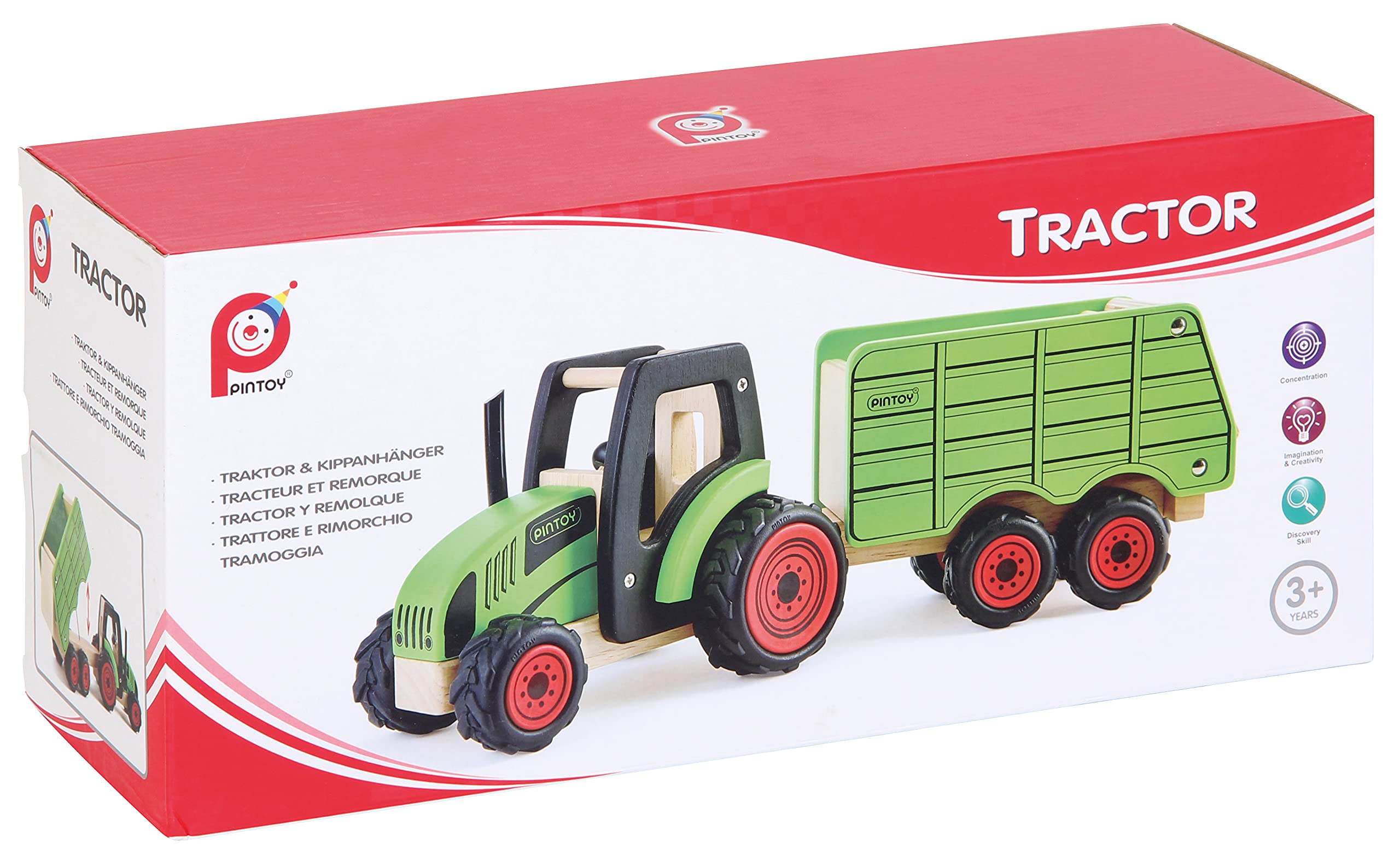 Bartl 112366 Pintoy Tractor con remolque de madera maciza | Juguete de calidad para niños a partir de 3 años