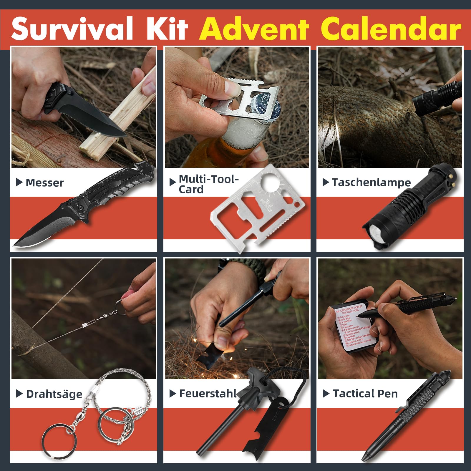 Survival Kit Adventskalender 2025 für Männer-24 Tage Weihnachts Countdown Outdoor Werkzeug–Survival Ausrüstung für Camping, Angeln-Coole Weihnachtsgeschenke Gadgets für Herren Erwachsene Teenager