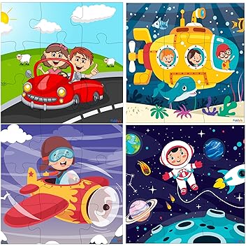 Fiddlys Wooden Jigsaw Puzzles for Kids & Children – 9 Pieces Each, Pack of 4 | Double Layered Puzzles with Bright Front & Back Print | Educational Toy for Boys & Girls Age 3+ (Travel Pack of 4) - image, photos