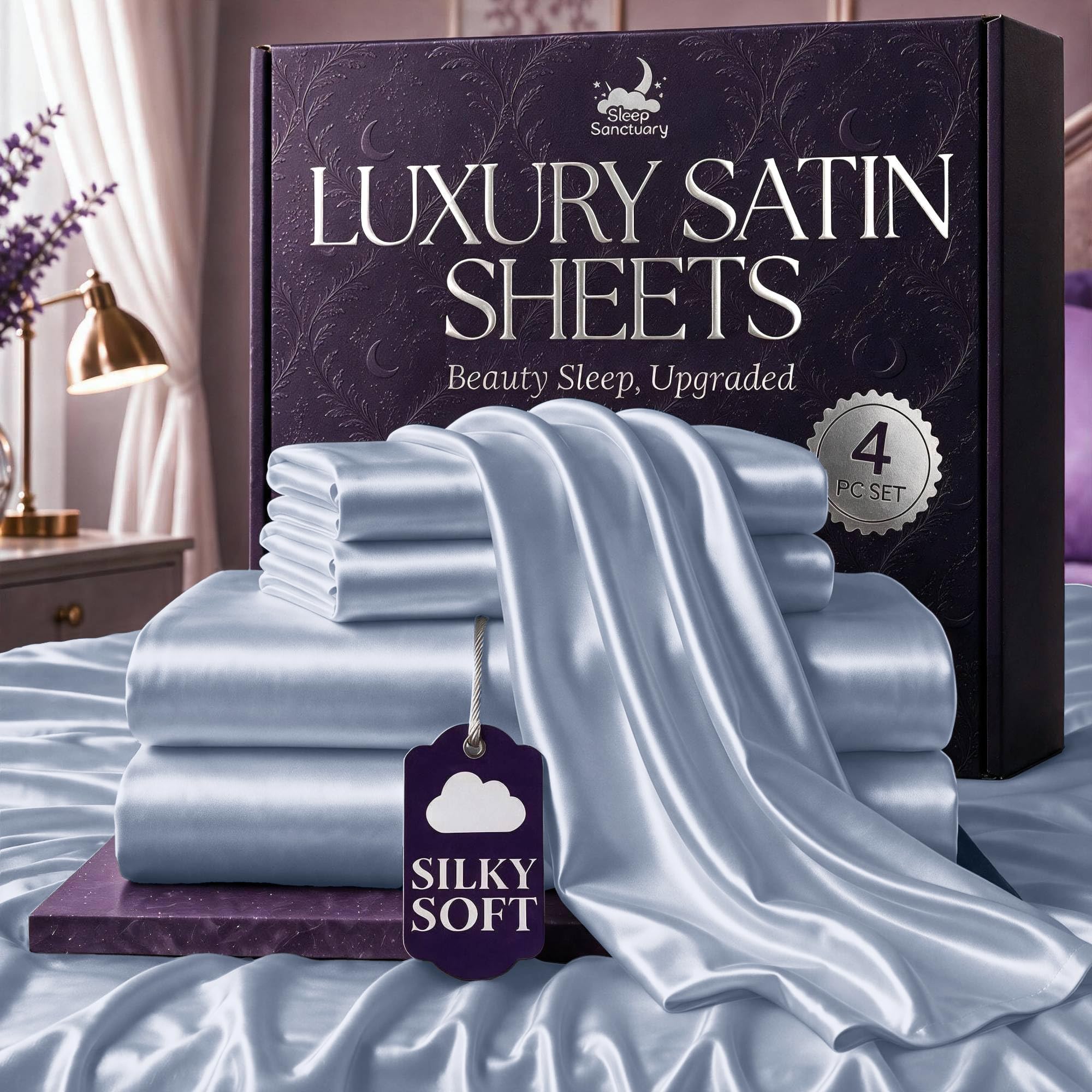 SLEEP SANCTUARY Satin Sheets Full Size – 4 Piece Luxury Silky Bed Set, Baby Blue