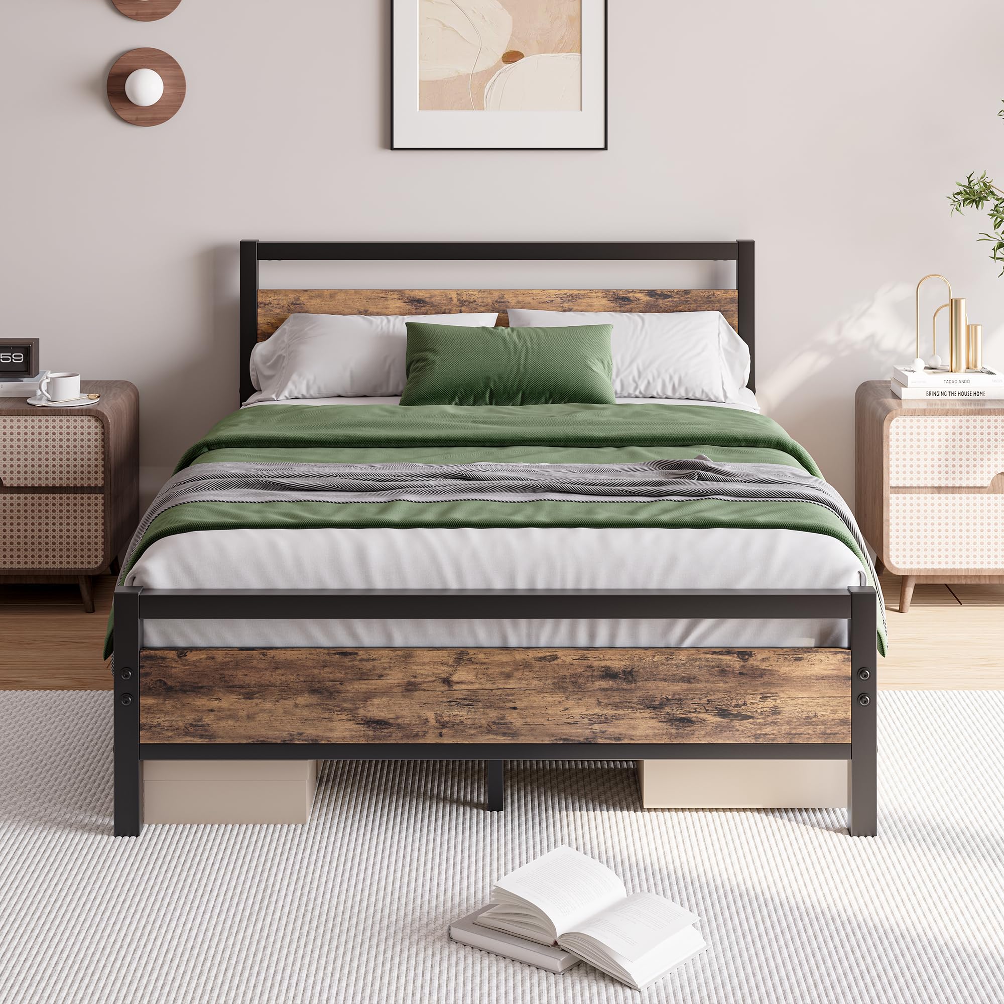 – JELUTE Metal Platform Bed Frame Double Size with Wooden Headboard and Footboard Heavy Duty Steel Support, No Box Spring Needed, Easy Assembly, Black