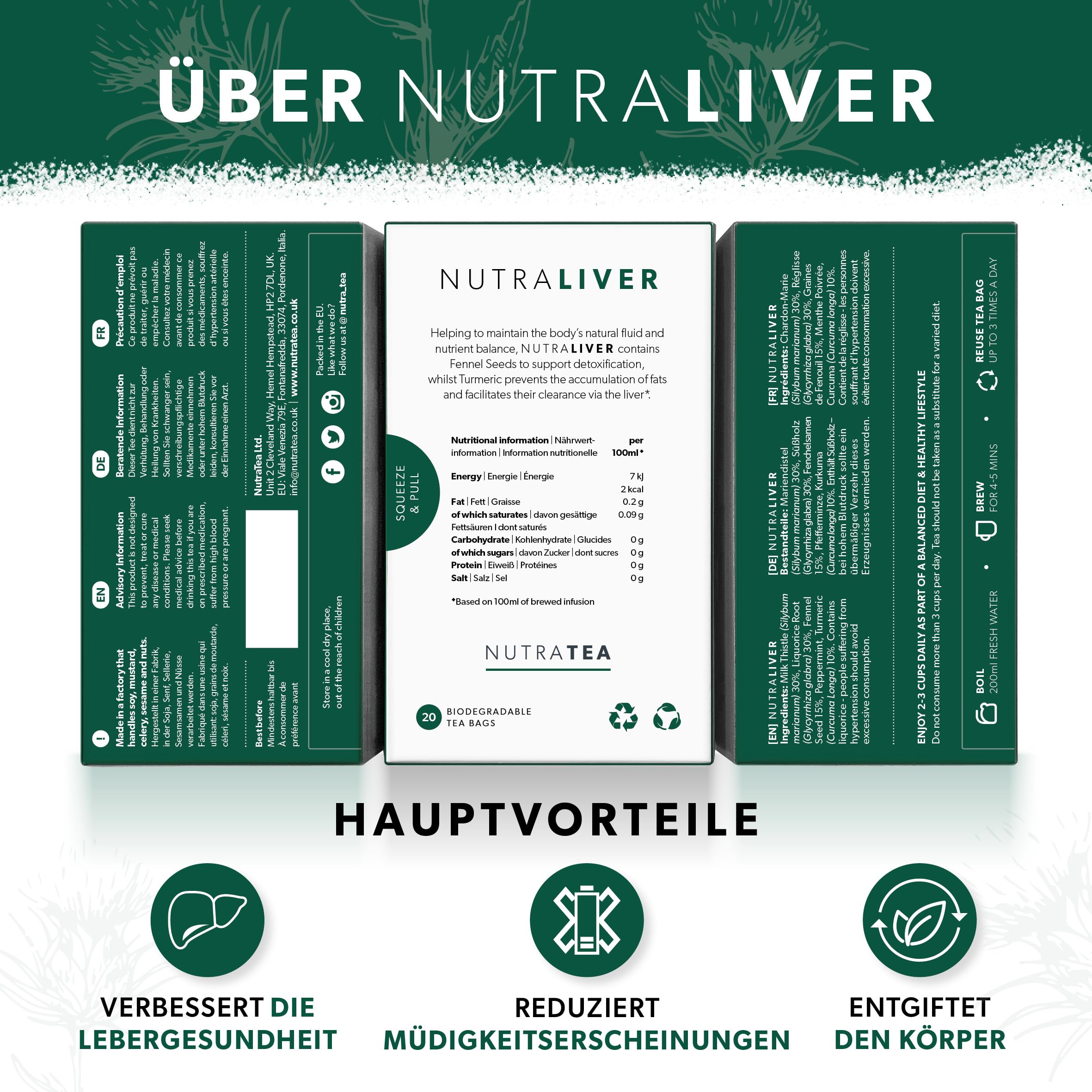Nutra Tea NUTRALIVER, Detox Tee zum Entgiften der Leber, trägt zur Unterstützung der Leberregeneration & gesunde Verdauung bei, 60 wiederverwendbare Teebeutel, Leber Tee mit Mariendistel & Lakritz