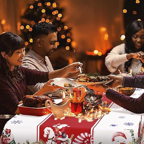 Miniatura 4 de Yinhua Mantel de Navidad, mesa rectangular de Papá Noel, muñeco de nieve, color rojo, lavable, para fiesta de Navidad, picnic, mantel impermeable de