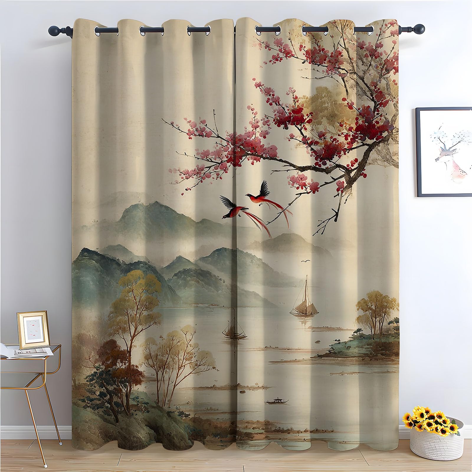 WQBQKKX Abstract Line Curtains Soft Ink Painting Thermal Insulated Blackout Curtains Botanical Print Pattern Window Drapes for Living Room-52 W x 108" L (Pack of 2)
