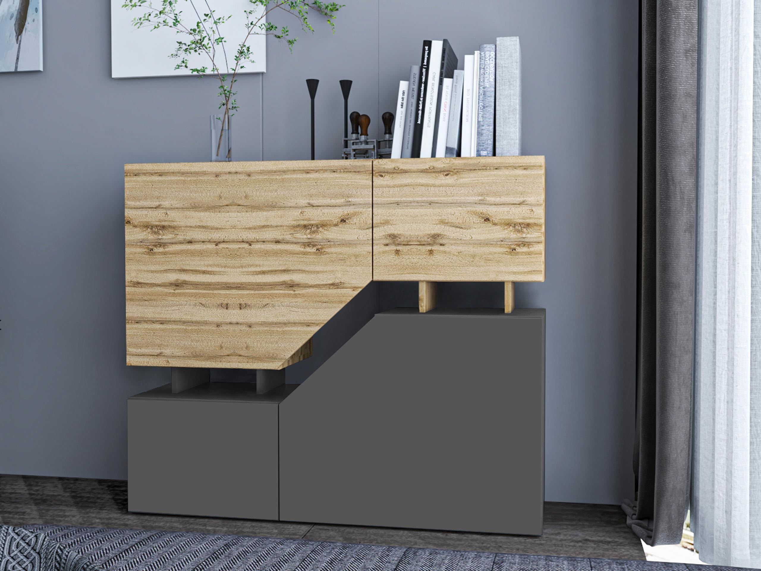 Mirjan24 Kommode Nesezi mit 4 Türen (Wotan/Anthrazit) | Griffloses Highboard mit offenen und geschlossenen Fächern für Bücher, Deko und Zubehör, B/H/T: 120/100/35 cm
