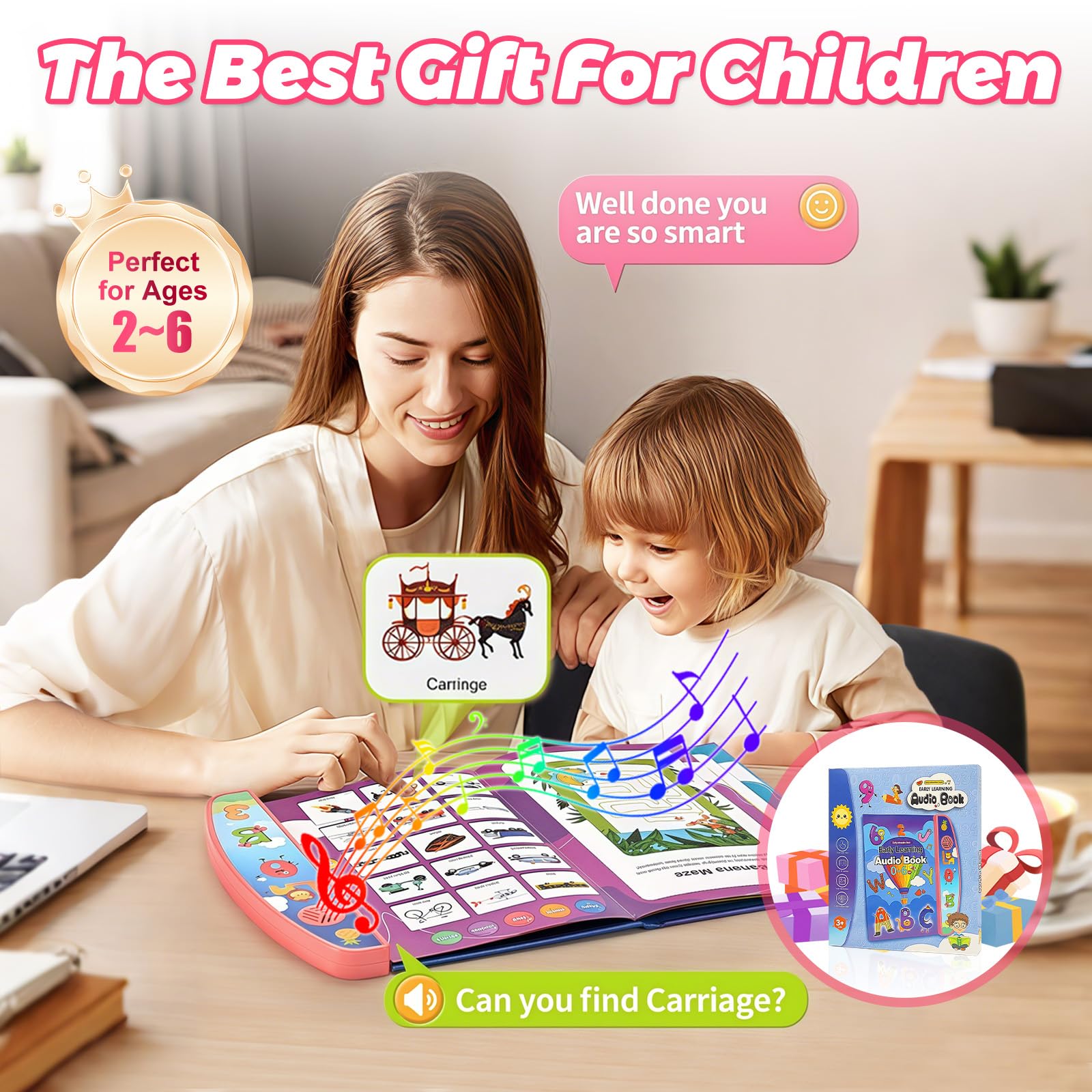 Livre Sonore éducatif Ludique pour Apprendre l'anglais Interactif, Livre Intelligent pour Enfants, Enfant l'anglais Machine de Lecture, Chiffres, Lettres, Mots, Formes (Rose)