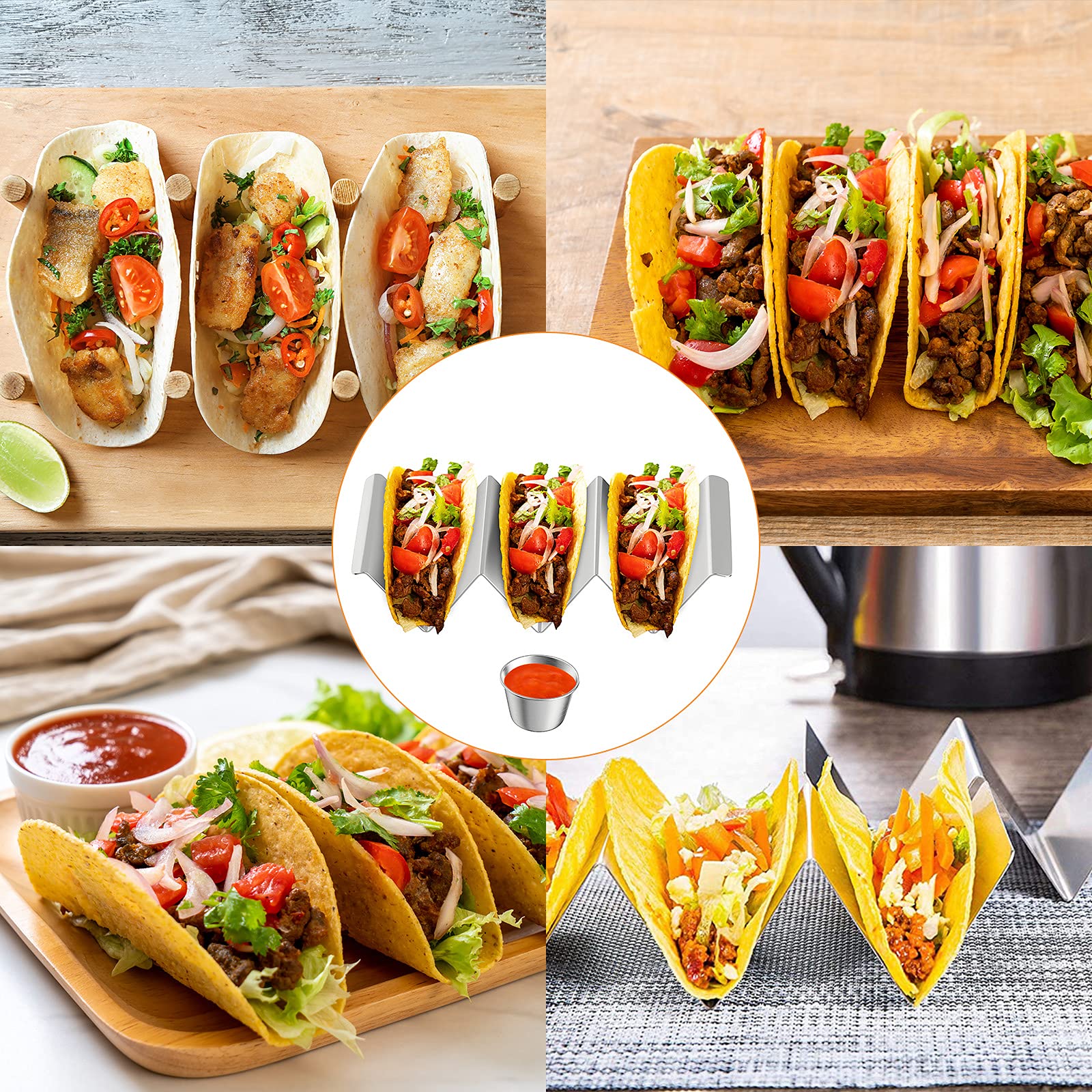 Supporto per tacos Set di 4 in acciaio inossidabile, porta taco con manici, porta taco può contenere fino a 3 tacos, griglia e lavabile in lavastoviglie