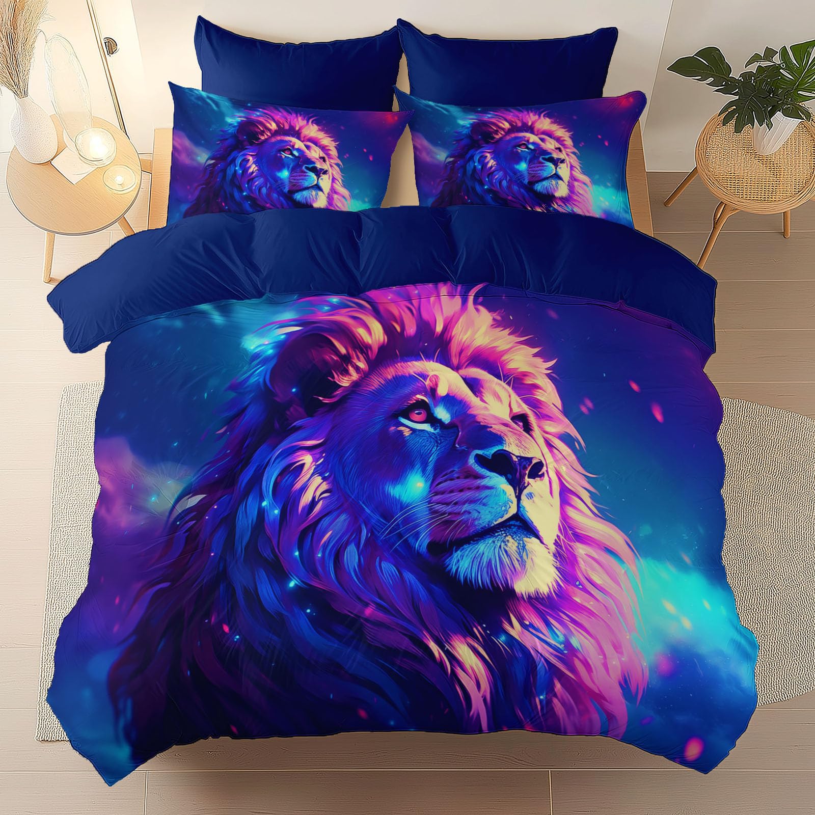 Animaux Dégradé Lion Housse de Couette 140 x 200 cm avec Taies d'oreiller, Illustration Rêveuse Bleu Foncé 100% Microfibre Parure de Lit, pour Enfants garçons