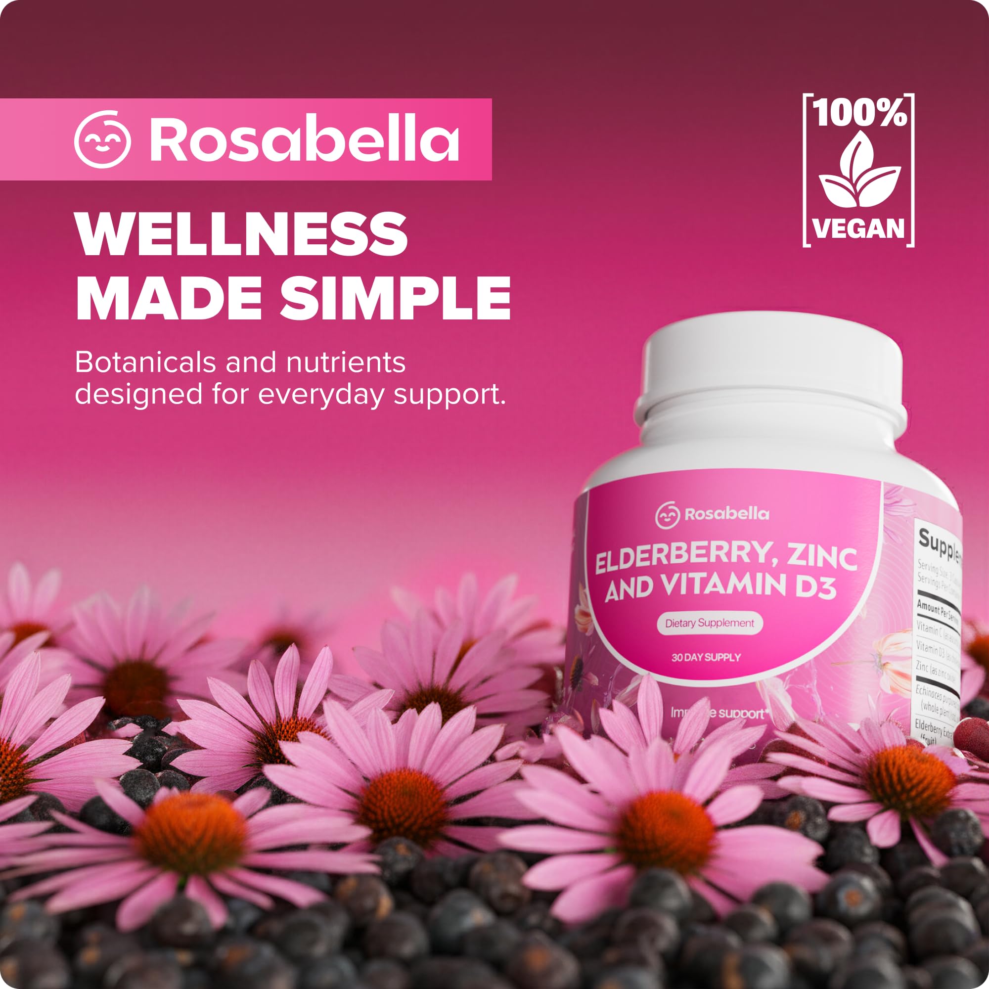 Rosabella Elderberry, Zinc & Vitamin D3 Capsules – Elderberry Supplement with Echinacea, Vitamin C & Zinc, Immune Support Supplement for Daily Wellness, Vegan Capsules – 90 Count (Pack of 1) — Amazon image 6