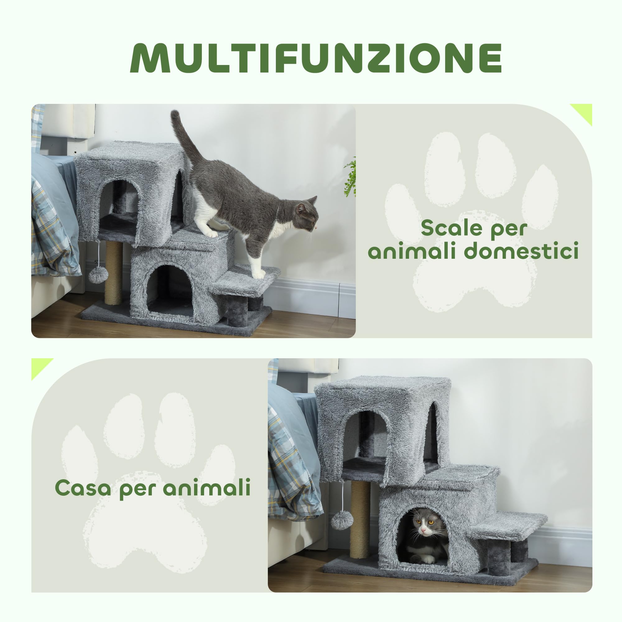 PawHut Scaletta per Gatti a 4 Gradini Regolabile in Altezza, Scalini per Gatti con 2 Casette, Palo Tiragraffi e Pallina, Scaletta per Cani e Gattini per Letto e Divano, Grigio
