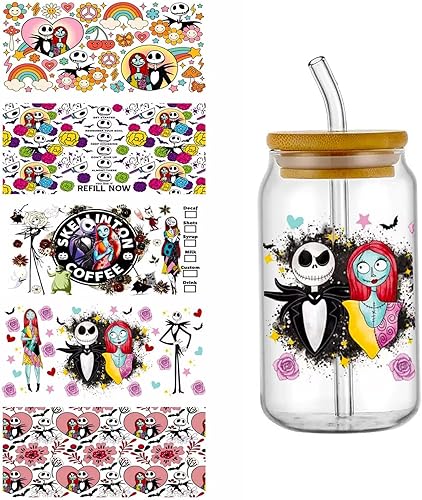 5 hojas de calcomanías de transferencia de vasos UV DTF para vidrio, Jack y Sally Frote en transferencias para vasos de vidrio de 16 onzas, muebles