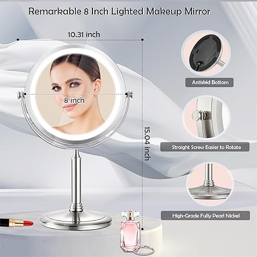 Miniatura 6 de VESAUR Espejo de maquillaje iluminado de 8 pulgadas, recargable 1X10X, espejo de tocador con aumento de doble cara con luz de 3 colores, espejo