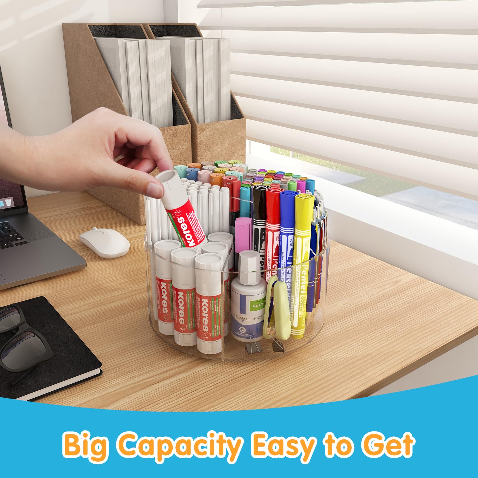 Mefirt Organizer Scrivania Rotante, Portapenne da Scrivania Grande Capacità, Accessori Scrivania 6 Scomparti, Porta Penne per Ufficio Scuola Casa, Desk Organizer, Trasparente, Acrilico