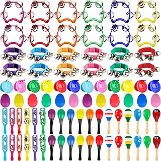 84 Pcs Shaker Musical Instruments Set including 12 Plastic Handheld Tambourine Bells 12 Colorful Cymbal 12 Egg Shaker 24 Maracas 12 Wrist Bells with 12 Castanets for Preschool Early Music Learning Toy