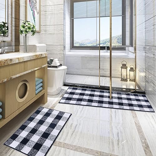 Miniatura 1 de Carvapet Juego de 2 tapetes de microfibra antideslizante para cocina, tapete de baño a cuadros para lavandería (20 x 63 + 20 x 31 pulgadas, azul