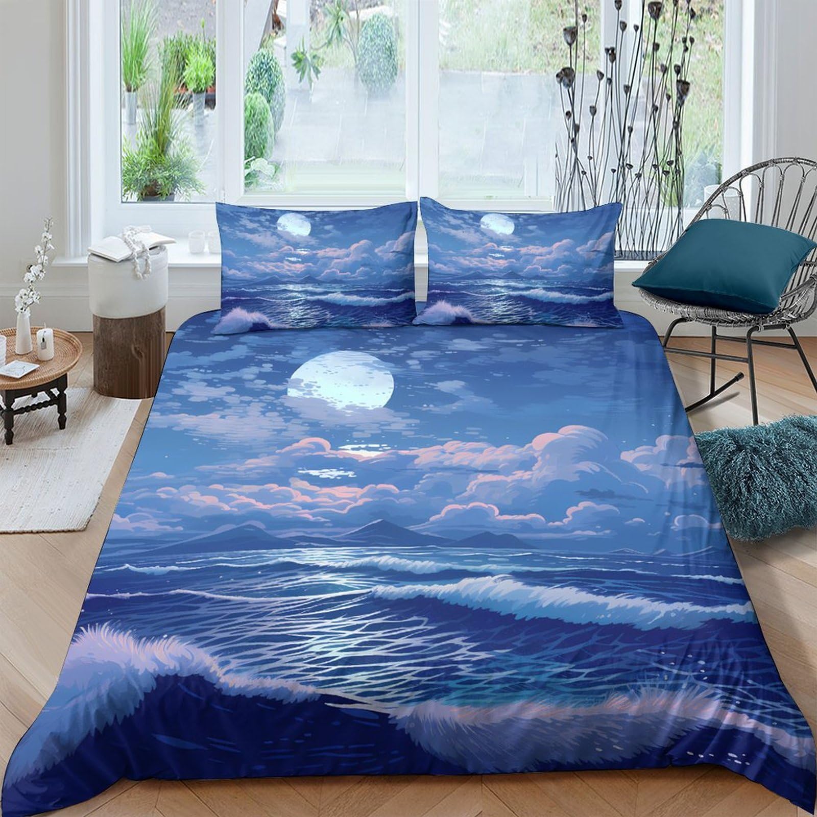 Ctjqhvkz Style-10 3D Printed Moon Ocean Fitted Sheet Microfiber Soft Breathable Night Sky Bed Cover For Bedroom Dorm Home Decor Single（135X200cm）