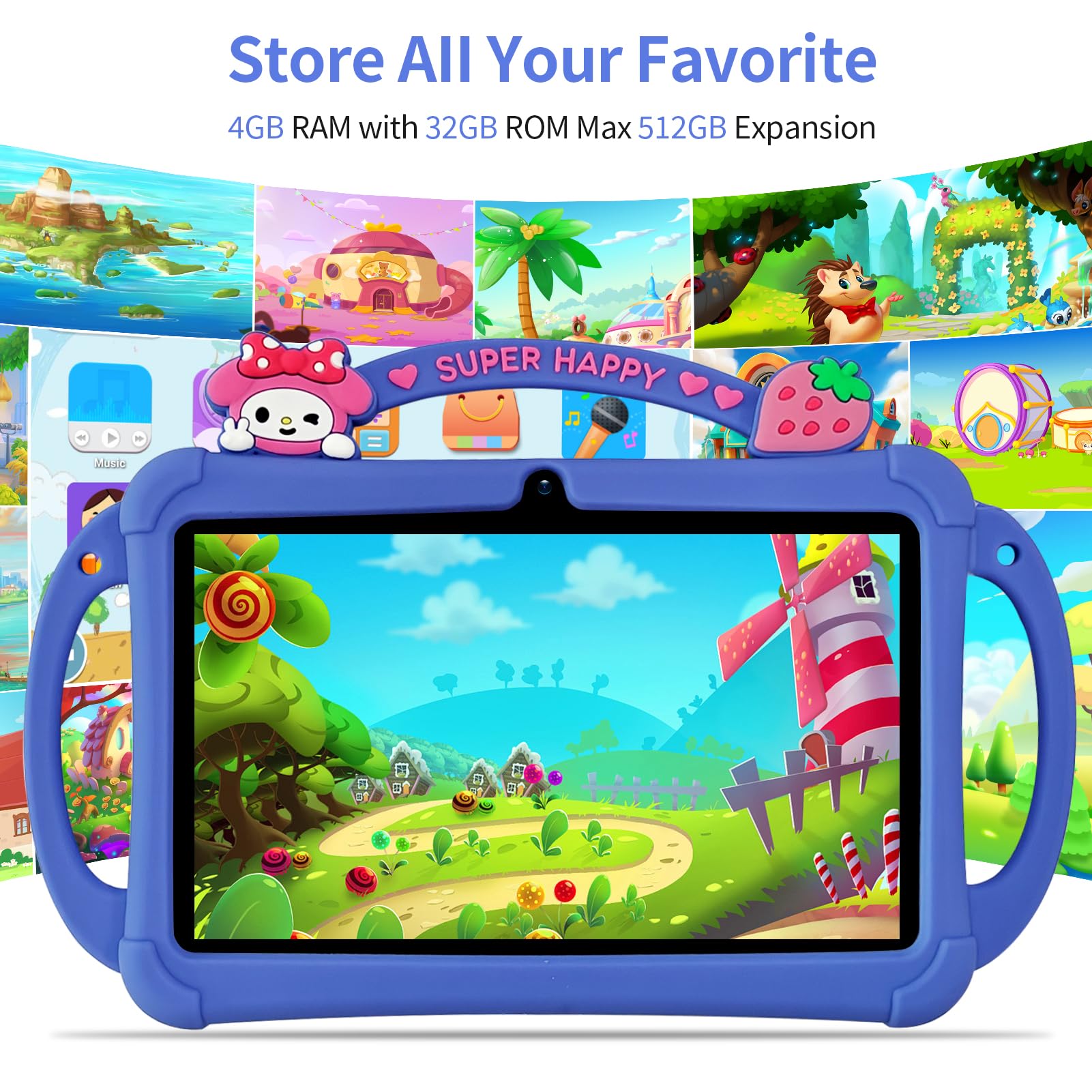 PRITOM Tablet per bambini da 7 pollici, tablet WiFi per bambini, 32 GB ROM, espandibile a 512 GB, tablet per bambini piccoli, sicurezza bambini, Bluetooth, doppia fotocamera, app di apprendimento e