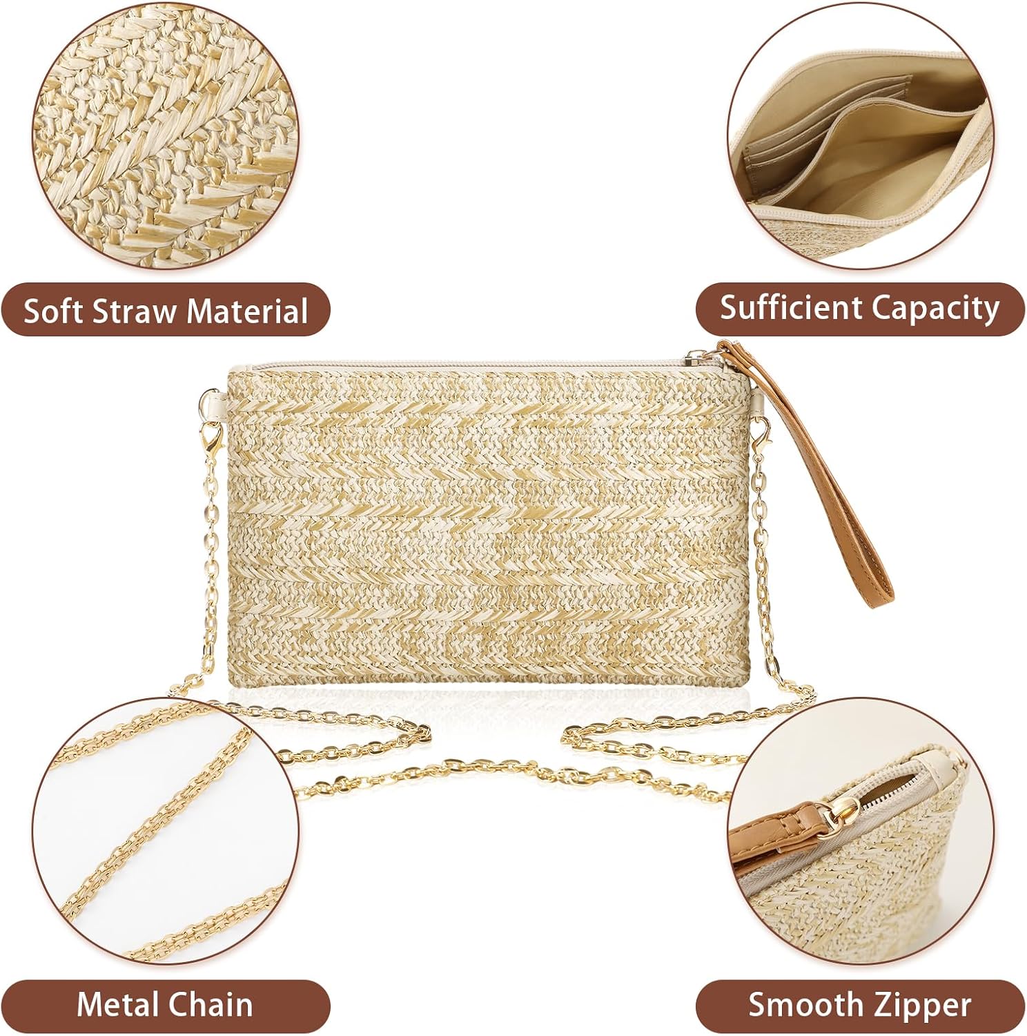 Clothirily Straw Purse Bag for Women Bohemian Handbag with Zipper Wristlet, Straw Clutch Womens Beach Clutch Purse for Summer