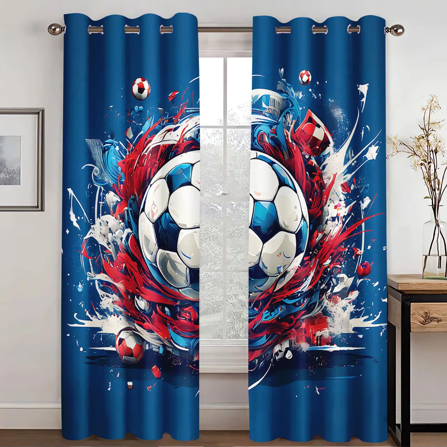 Rideaux de terrain de football, Rideaux à motifs 3D de football bleu avec œillets, Rideau occultant pour enfants à motifs de ballon de football colorés, Rideaux pour garçon pour chambre à
