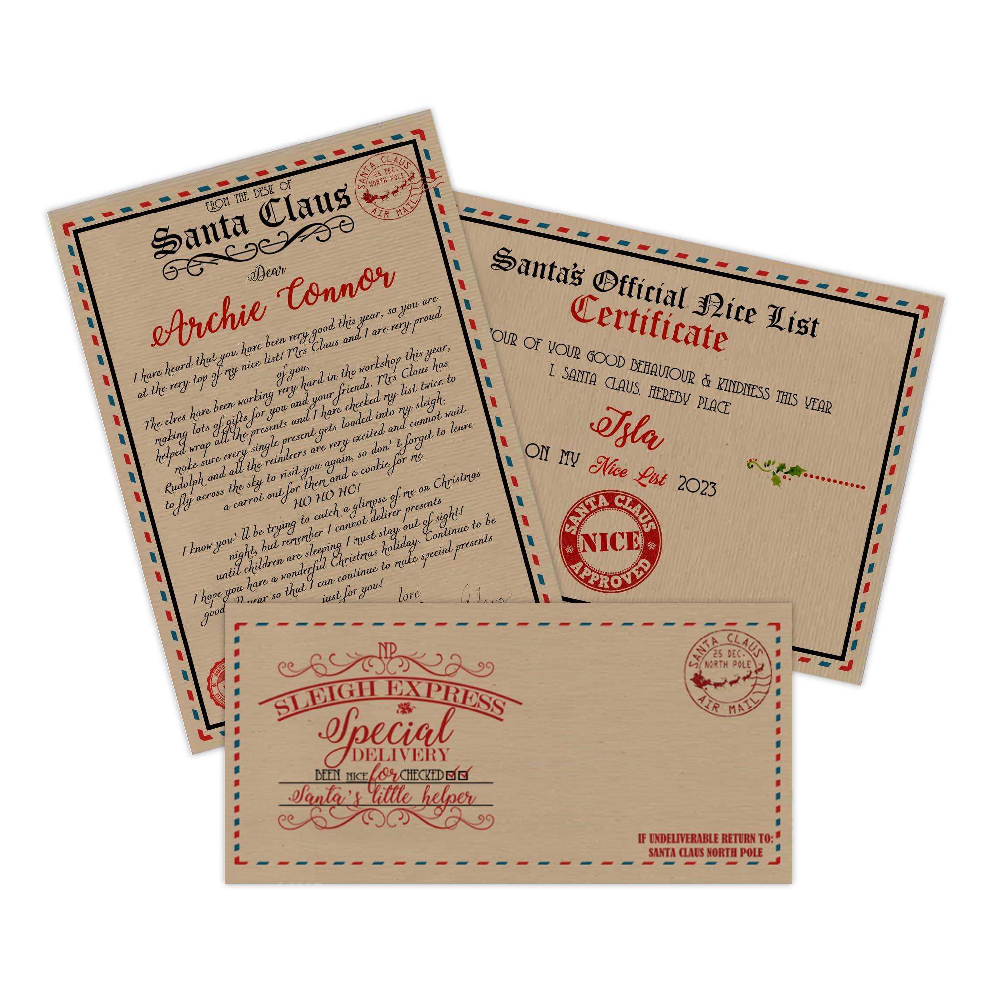 Print Maniacs Personalised Child's Santa Letter & Nice List Certificate – Eco-Friendly Kraft Paper – Custom Envelope – Magical Christmas
