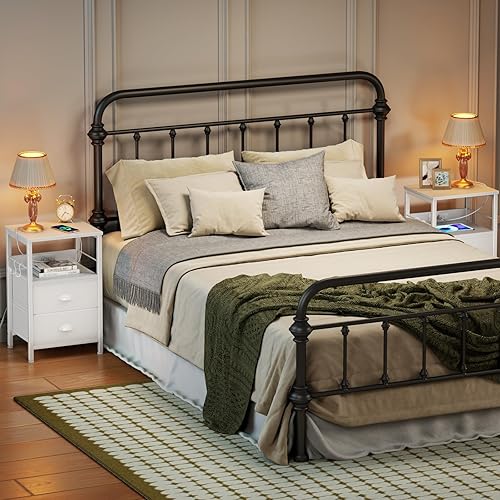 Miniatura 40 de Furologee Mesa auxiliar con estación de carga, mesita de noche con cajones de tela, mesas auxiliares con puertos USB y tomacorrientes, mesita de