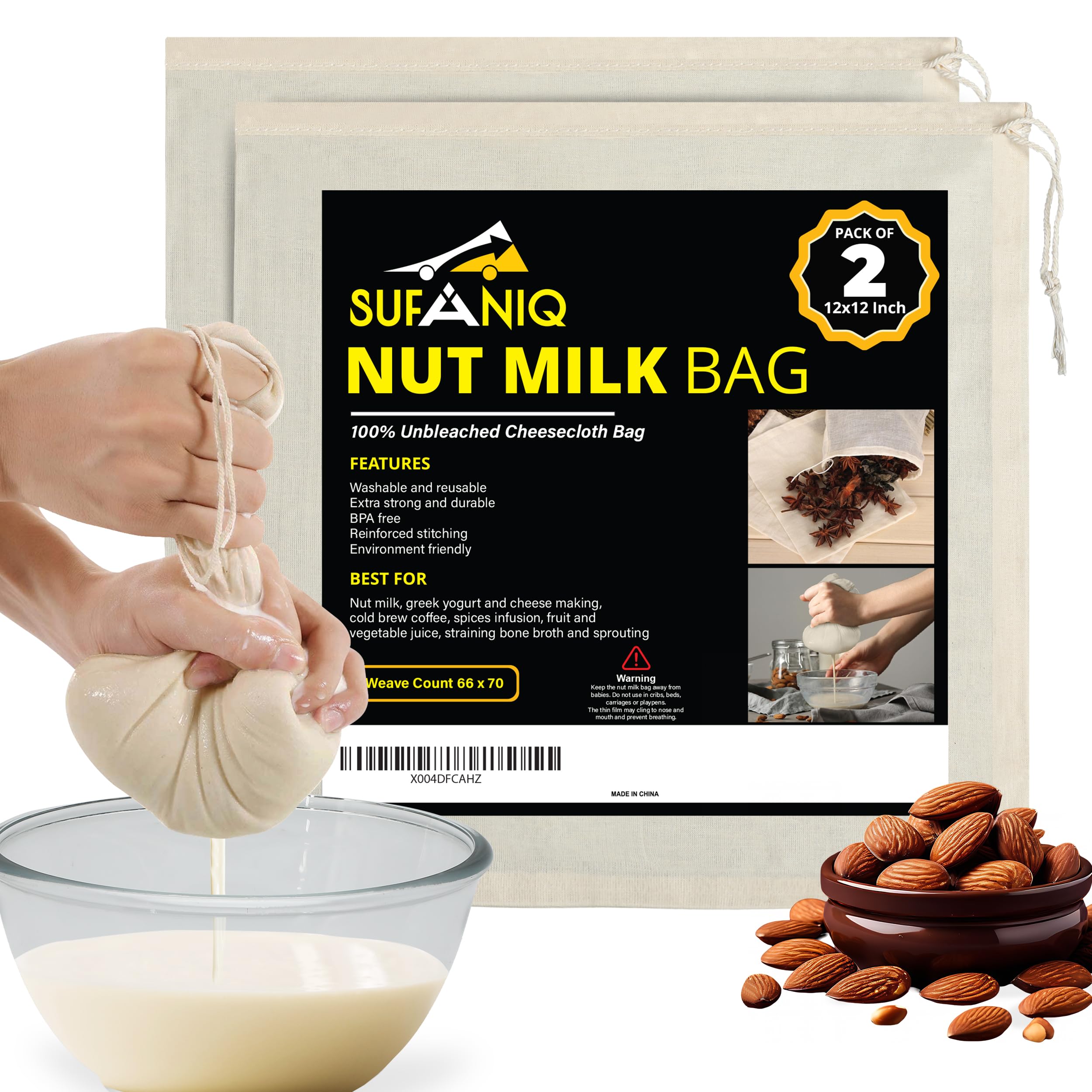 Sufaniq Nut Milk Bag - 2 Pack (12 x 12 Inches) 100% Unbleached Cotton Cheesecloth Bag, Premium Quality Reuseable Nut Bag Strainer for Almond, Soy, Oat Milk, Tea, Juices, Cold Brew Coffee