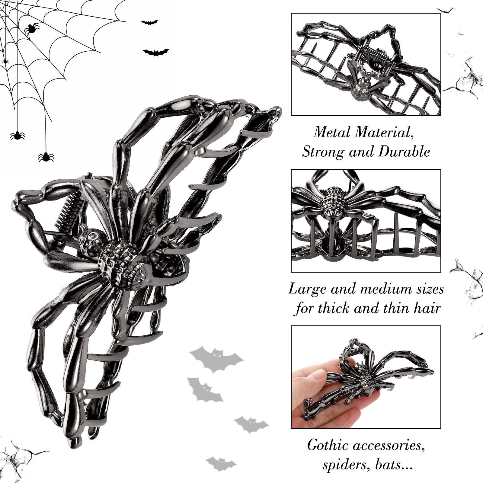 Obeoby 4 Pcs Metal Hair Clips for Women, Large Hair Claw Clips for Thick Long Hair Styling with Spider Webs Skeleton Decor, Goth Accessories Hair Accessories Birthday Valentines Day Gifts (Black)