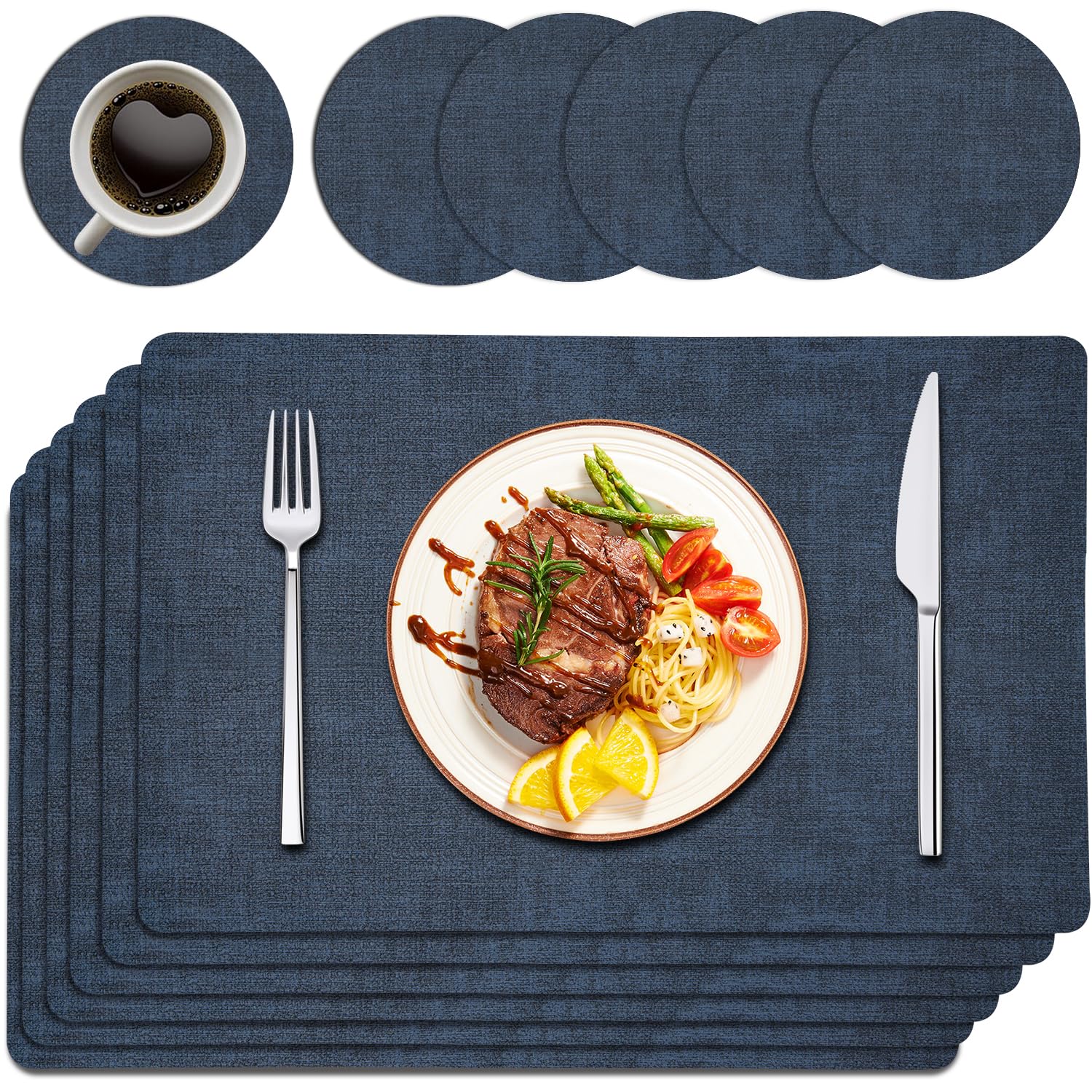 Purejoy placemats table mats placemats set of 6 placemats and coaster sets 6 - PU Leather Set, Heat Resistant 120°C, Wipe Clean Non-Slip 43×30cm Table Mats for Dining Table & Kitchen, Navy Blue — image 1