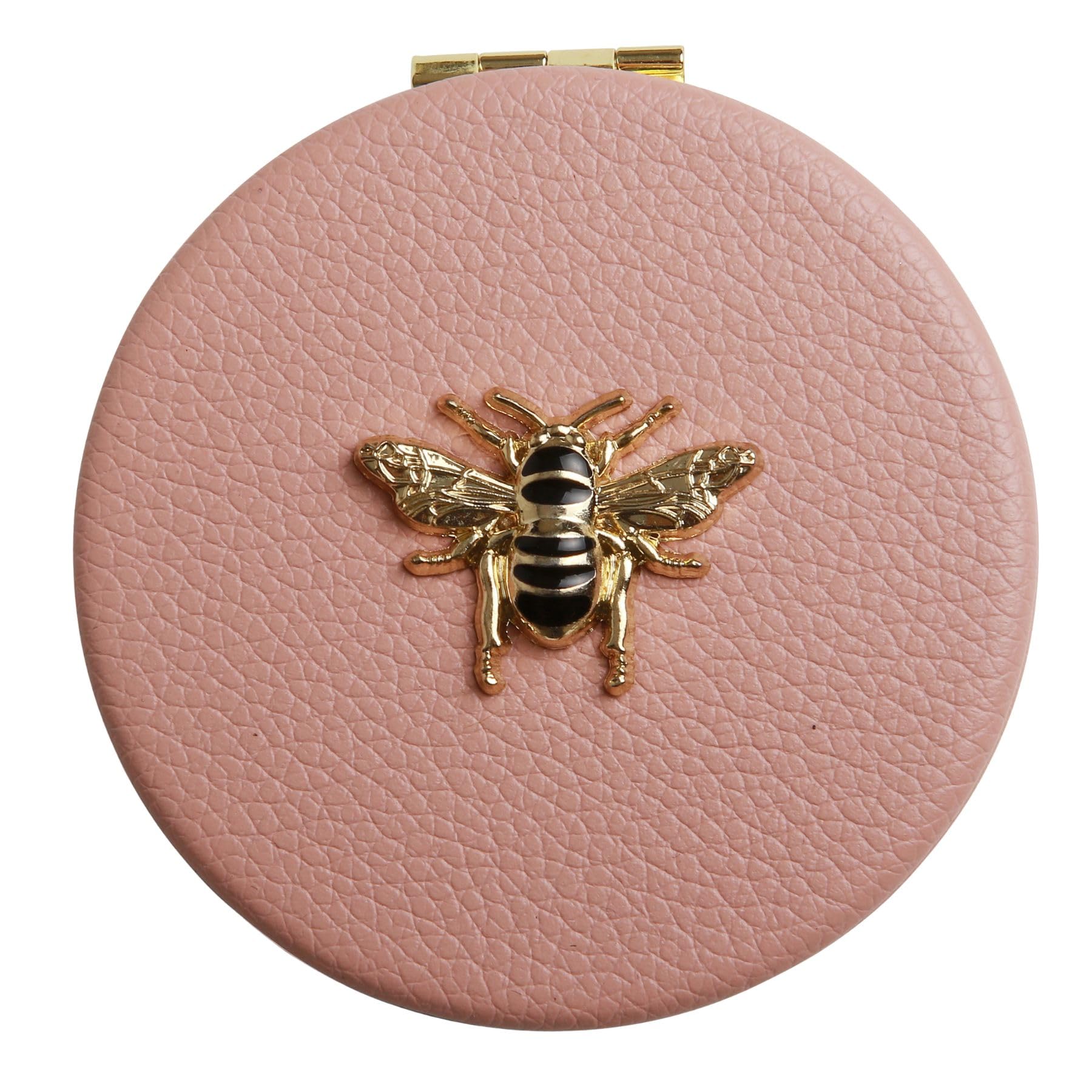 Alice Wheeler London Bee Compact Mirror for Women, Vegan Leather Purse Mirror, Double Sided Makeup Mirror with 3x Magnification, Travel Cosmetic Mirror, Gift Box, 7cm (Pink)