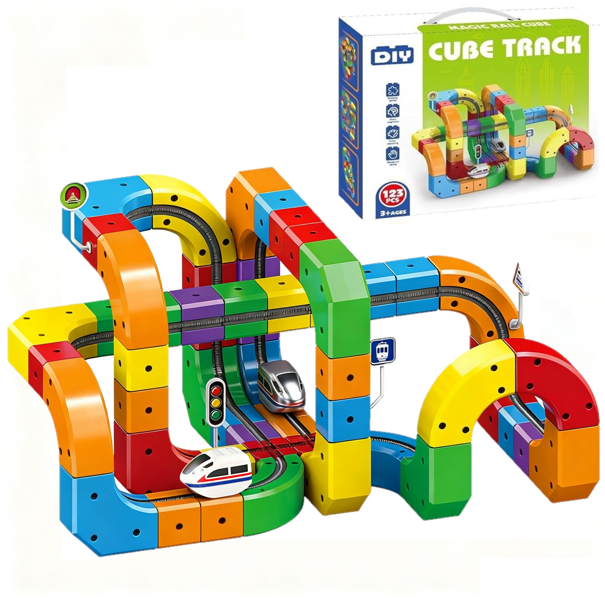 Clickrail Electric Train Set, Track Fusion Toy, Magic Rail Cube Train Set, with Gravity-Defying Motorized Train, 3D Embedded Layouts Train Track Set, DIY Cube Track, for Kids (123PCS) — image 1