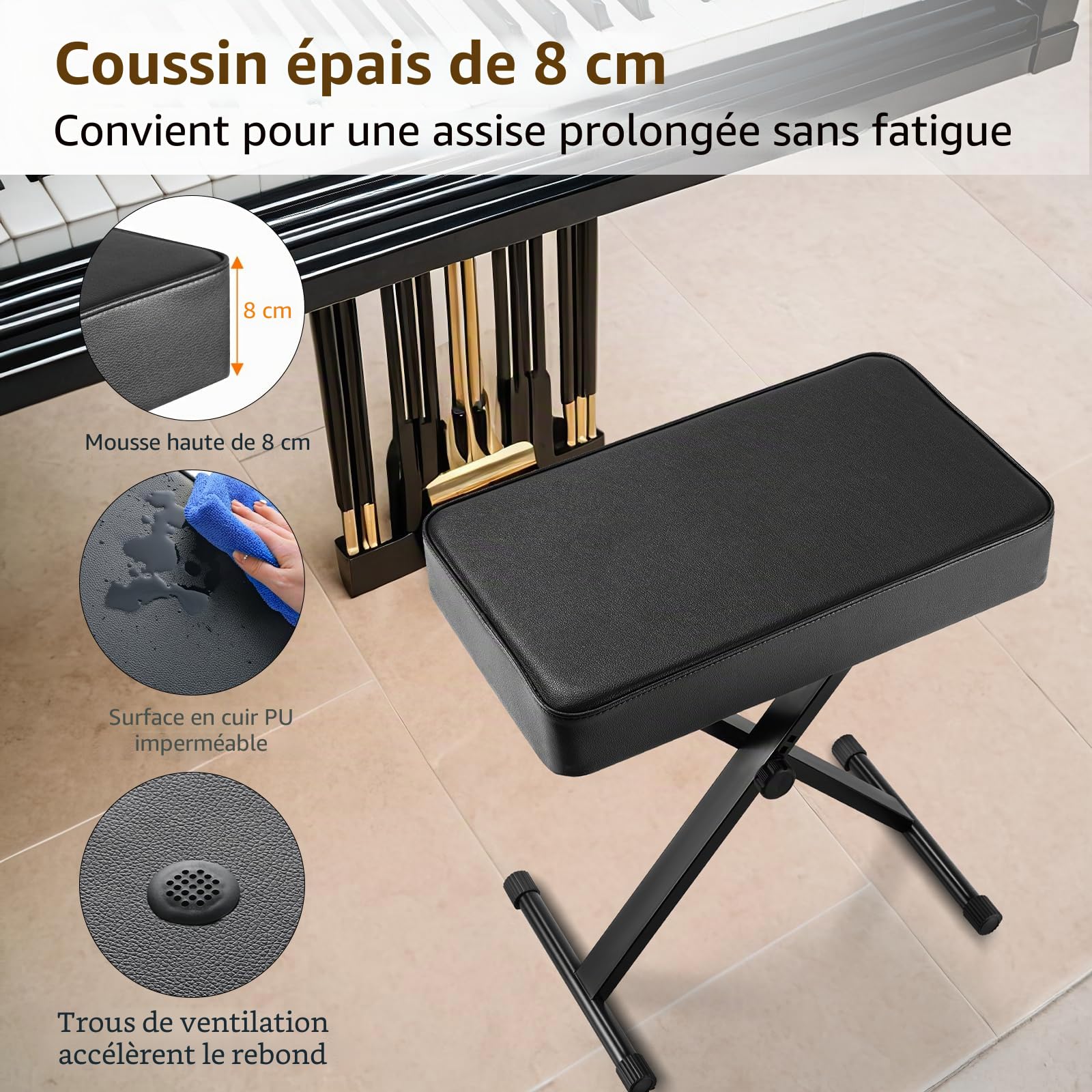 Tabouret Piano Reglable en Hauteur 50-52-54-56CM, Banc Piano avec Coussin en PU de 8CM, Banquette Piano Pliable, Siege Piano en Forme de X, Chaise Piano Tabouret de Piano Capacité Portante 100KG, Noir