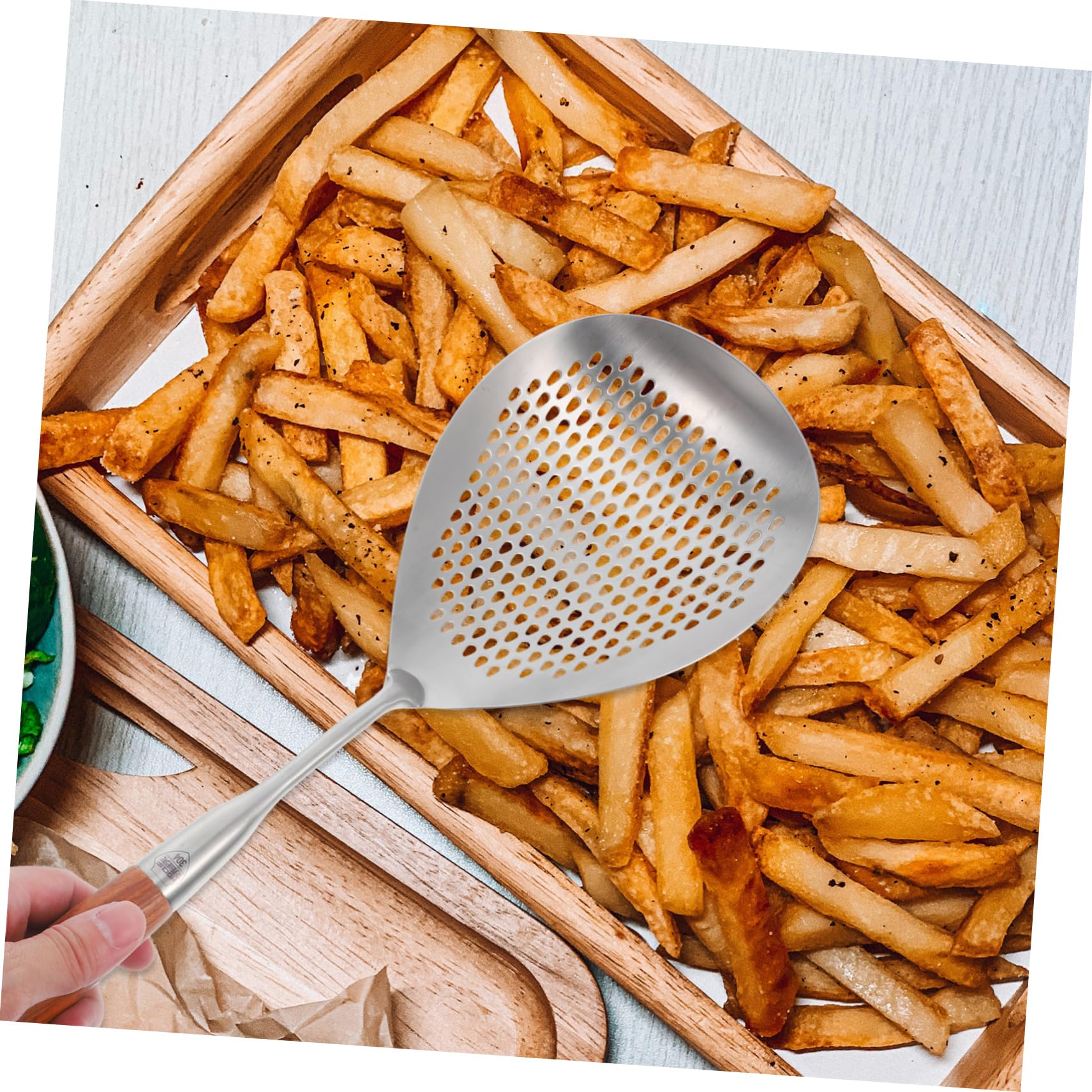 Cabilock Handheld Stainless Steel Colander Ladle with Ergonomic Rosewood Handle Multi Functional Skimmer Spoon for Draining Oil Kitchen Cooking Tool