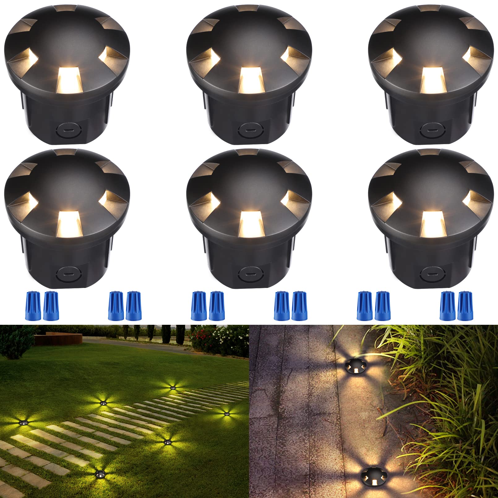 LEONLITE6W Well Lights Landscape LED In Ground Outdoor, 12V Low Voltage Pathway Lights, Aluminum, IP67 Waterproof, ETL Listed, 3000K, Black, Pack of 6