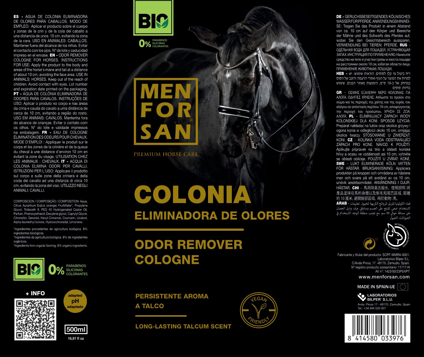MENFORSAN Colonia per cavalli, 500ml | Elimina gli odori sgradevoli |BIO - Vegan friendly - 100% Naturale | PREMIUM HORSE CARE