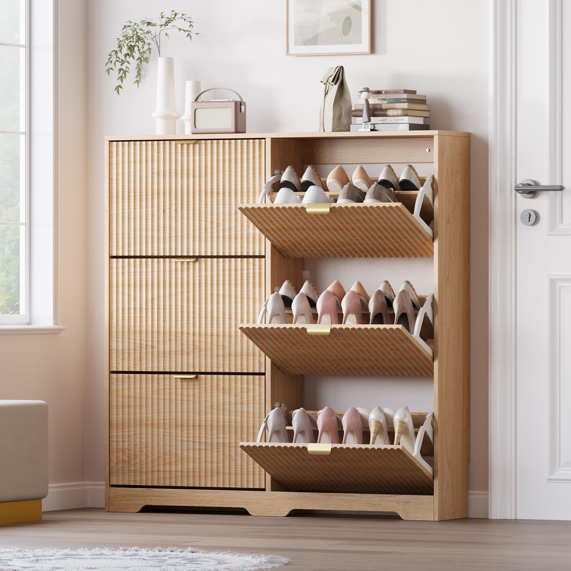 BORNOON Large Shoe Cabinet for Entryway, Tall Narrow Shoe Storage Cabinet with 6 Flip Drawers and Adjustable Shelves, Shoe Rack Cabinet Organizer for Hallway, Foyer, Small Apartment
