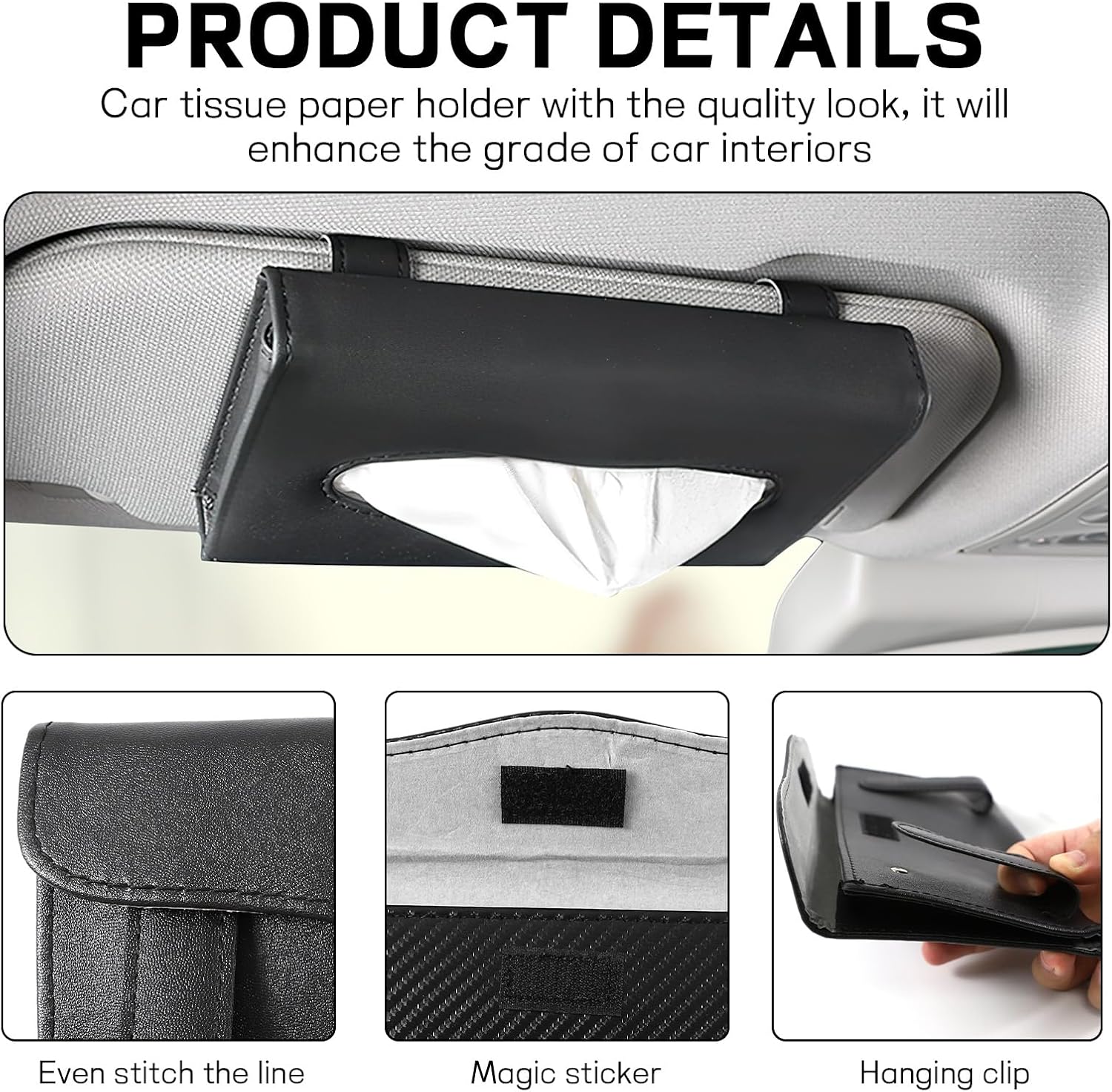 Car Tissue Holder, PU Leather Sun Visor Tissue Box (Black) image 4