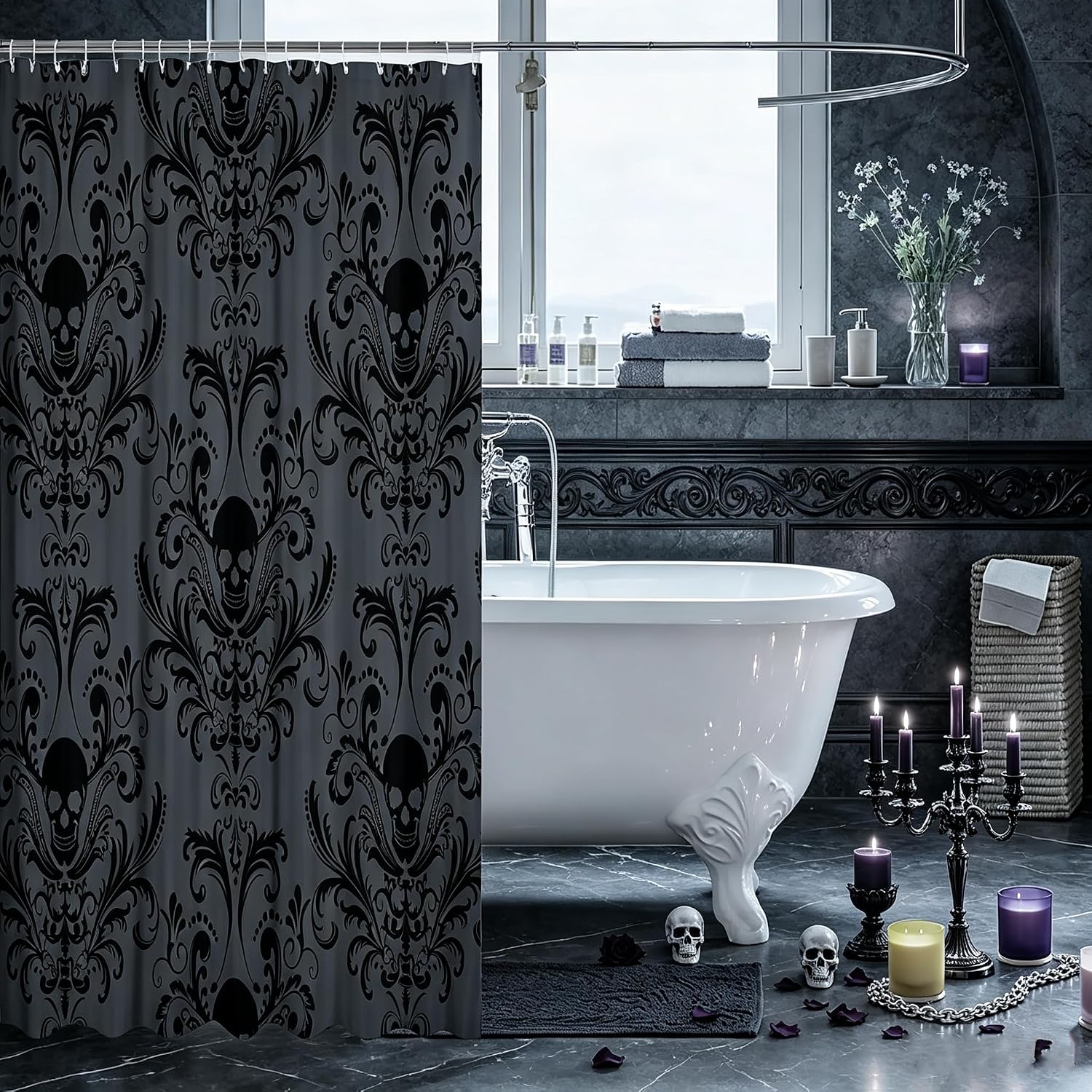 Gothic Shower Curtain Set Black Damask Fabric Shower Curtain Antique Victorian Vintage Floral Exotic Sugar Skull Bathroom Decor 72"Wx72"L,Skeleton Boho Baroque Decor Housewarming Gift,Charcoal Grey