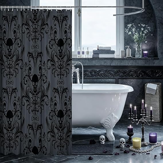 Gothic Shower Curtain Set Black Damask Fabric Shower Curtain Antique Victorian Vintage Floral Exotic Sugar Skull Bathroom Decor 72Wx72L,Skeleton Boho Baroque Decor Housewarming Gift,Charcoal Grey
