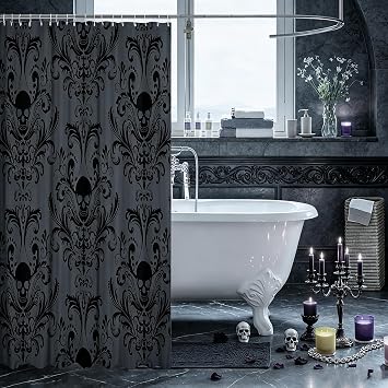 Gothic Shower Curtain Set Black Damask Fabric Shower Curtain Antique Victorian Vintage Floral Exotic Sugar Skull Bathroom Decor 72Wx72L,Skeleton Boho Baroque Decor Housewarming Gift,Charcoal Grey